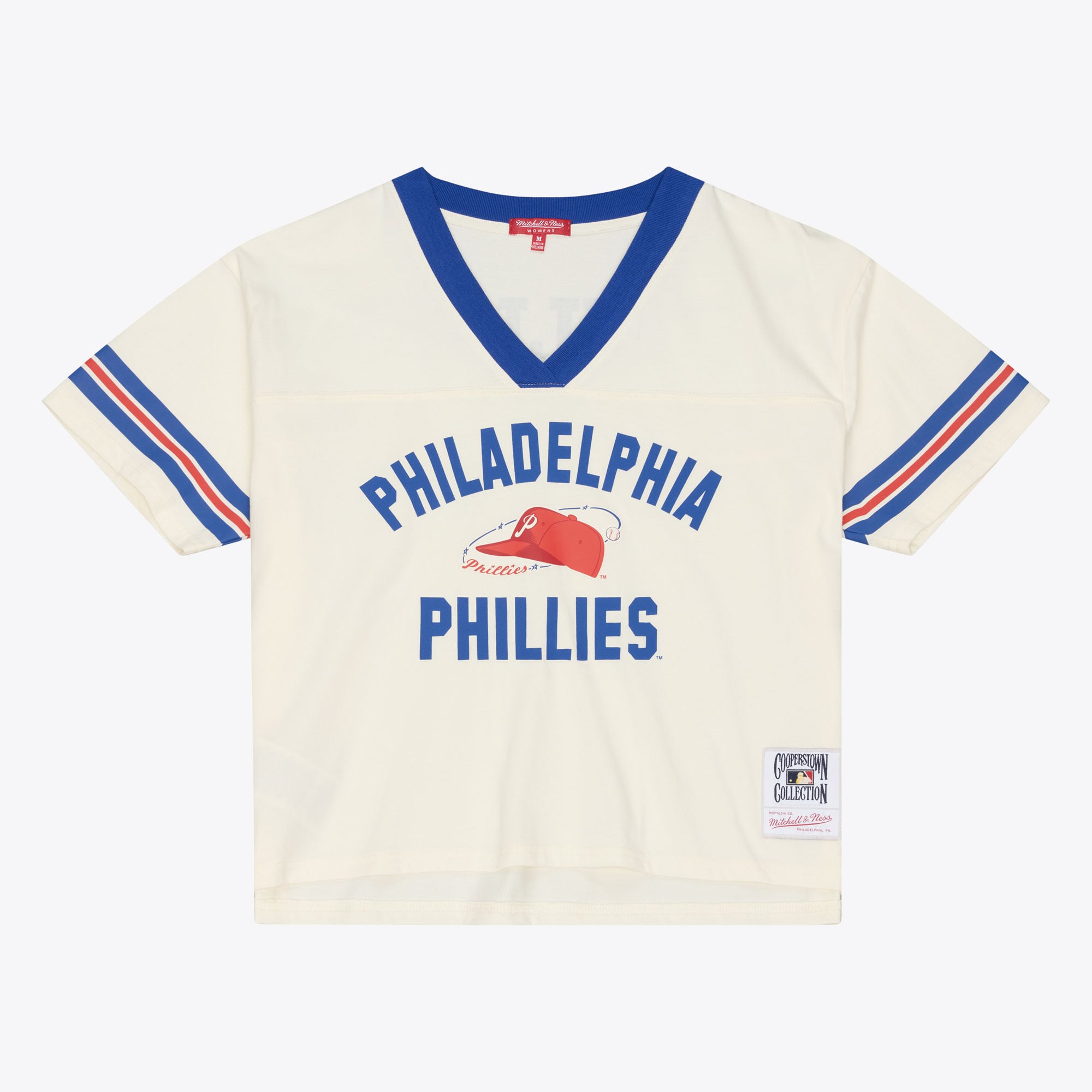 T-shirt court à col en V Mitchell & Ness crème Philadelphia Phillies Retro Roots Hardwood Classics pour femme