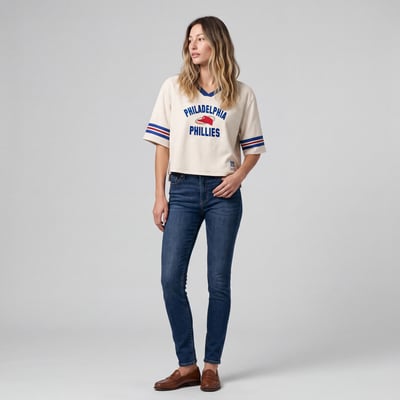  Philadelphia Phillies Mitchell & Ness Women's Retro Roots Hardwood Classics Cropped Boxy Yoke V-Neck T-Shirt - Cream