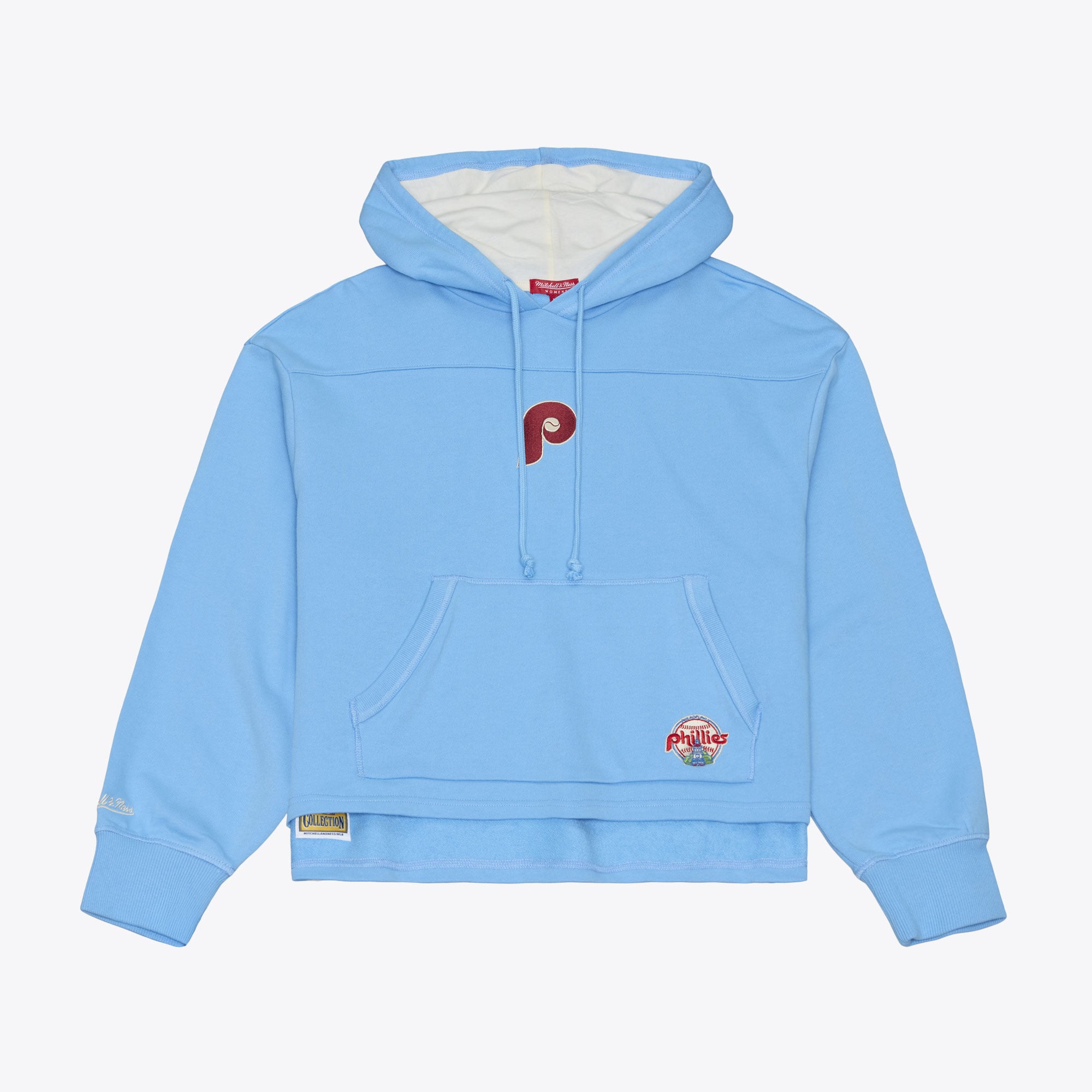 Sweat à capuche Mitchell & Ness bleu clair pour femme, collection Philadelphia Phillies Cooperstown, style rétro.