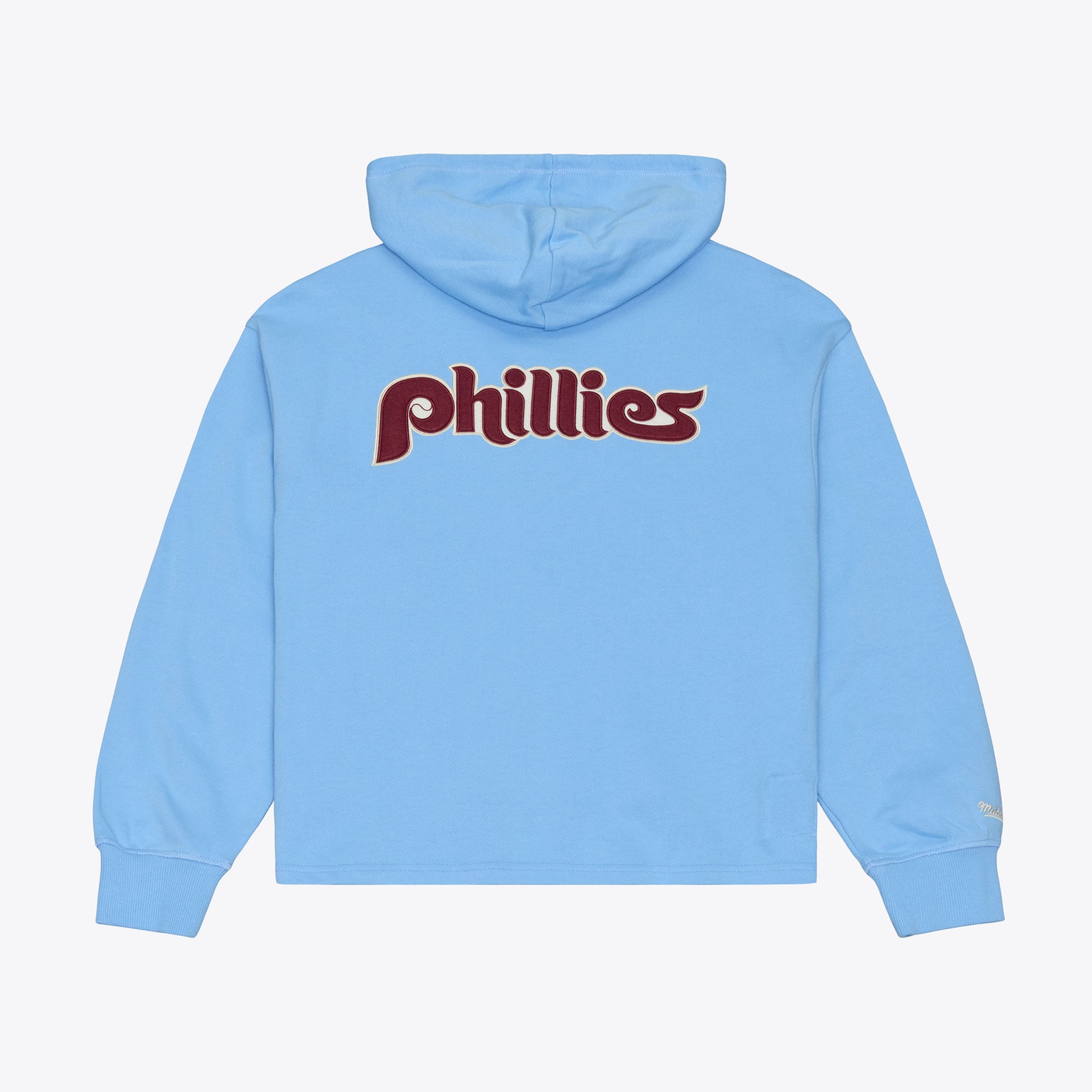 Sweat à capuche Mitchell & Ness bleu clair pour femme, collection Philadelphia Phillies Cooperstown, style rétro.