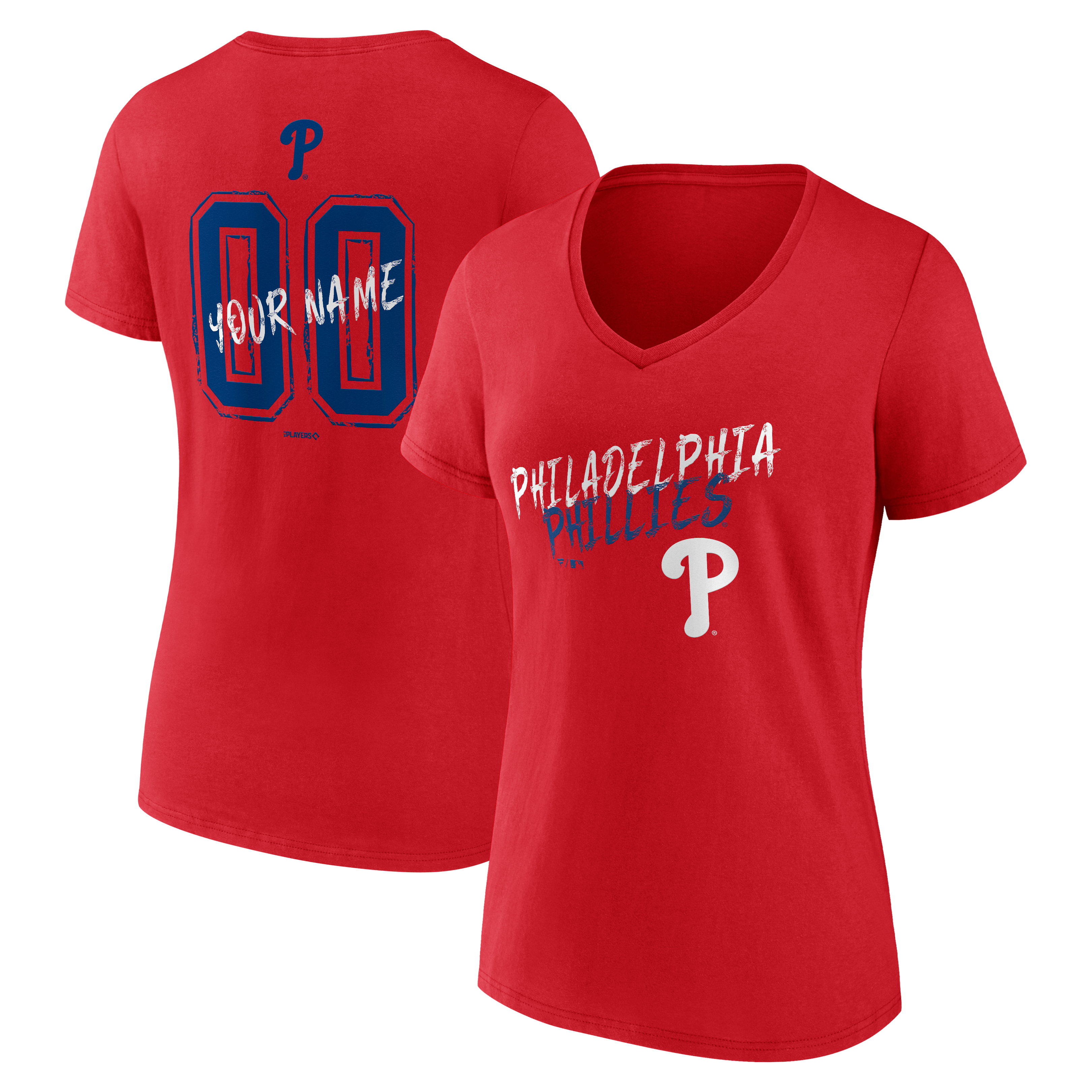 T-shirt à col en V personnalisé avec nom et numéro Philadelphia Phillies Hustle rouge pour femmes
