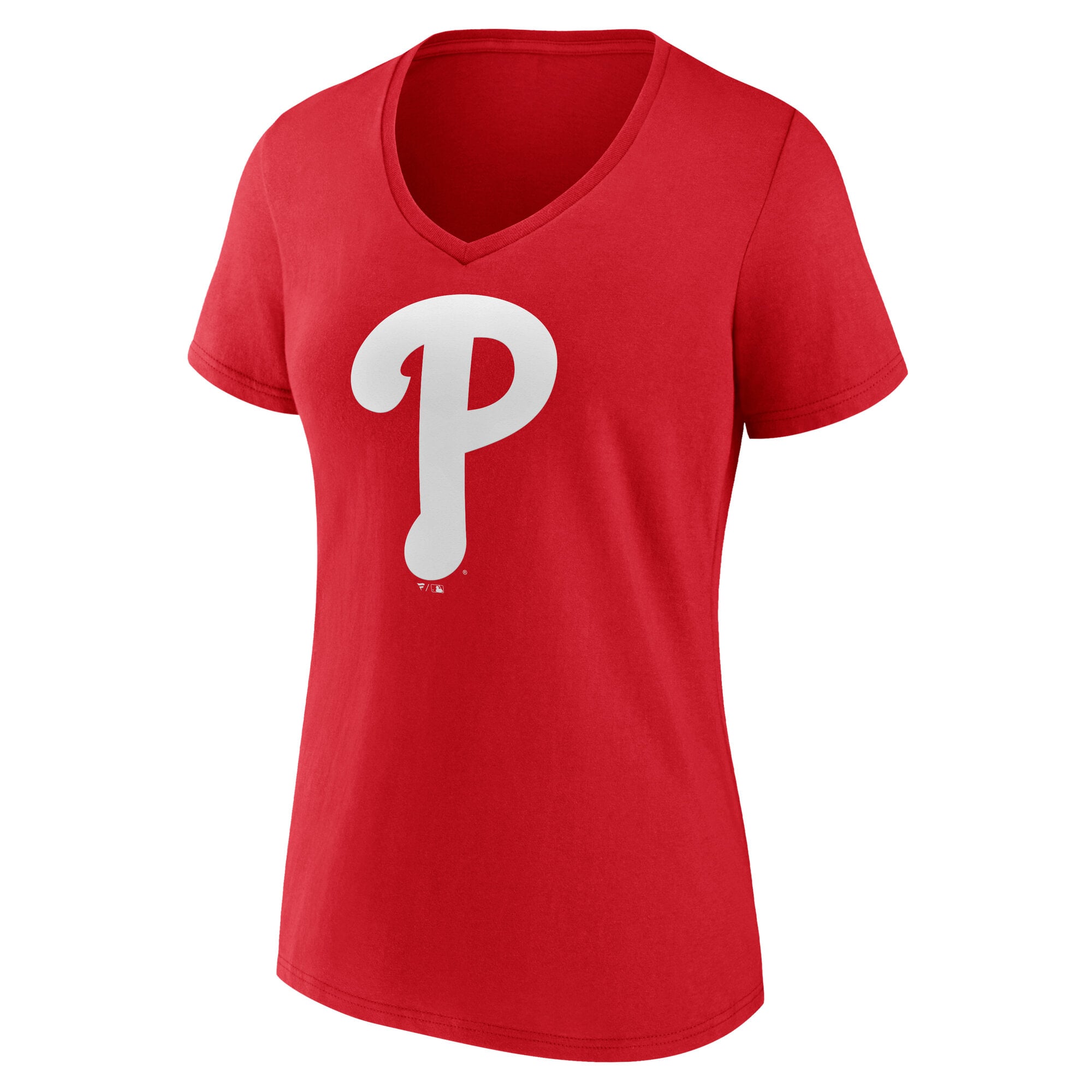 T-shirt à col en V rouge pour femmes avec logo officiel des Phillies de Philadelphie