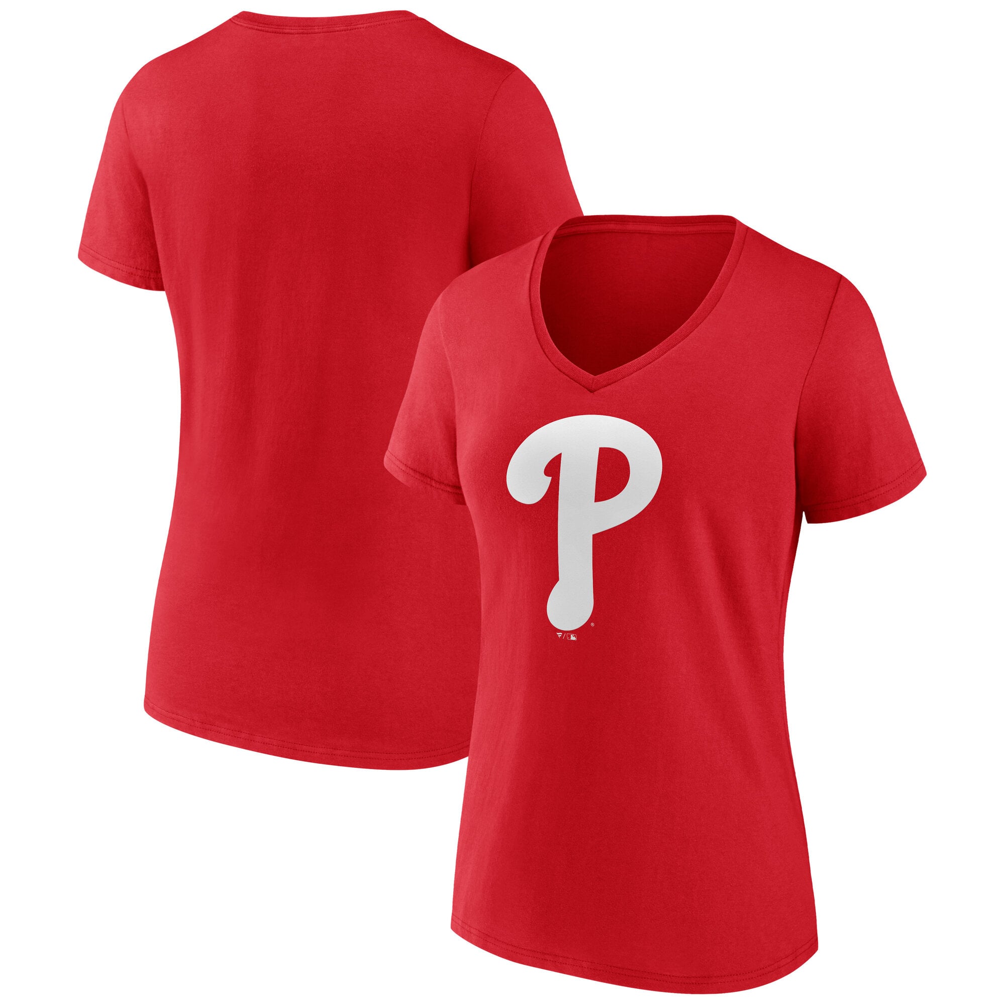 T-shirt à col en V rouge pour femmes avec logo officiel des Phillies de Philadelphie