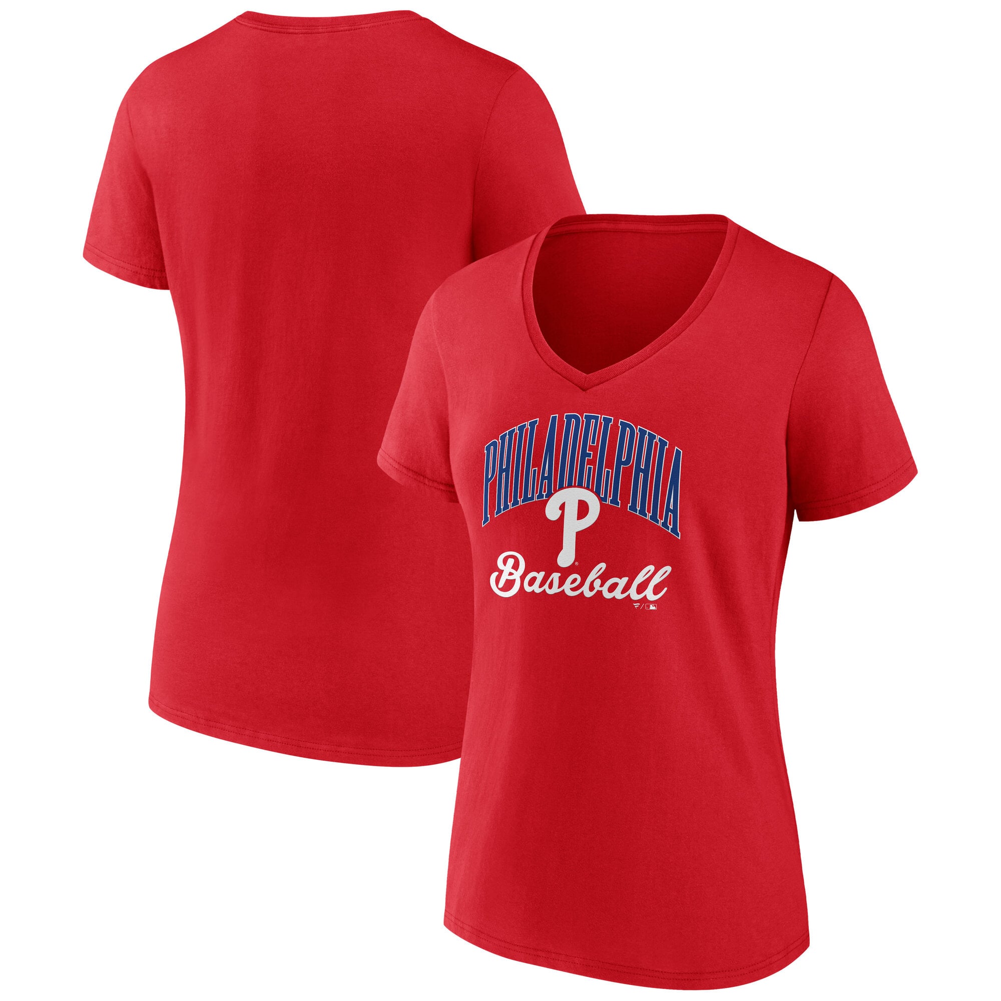 T-shirt à col en V rouge Philadelphia Phillies Victory Script pour femmes