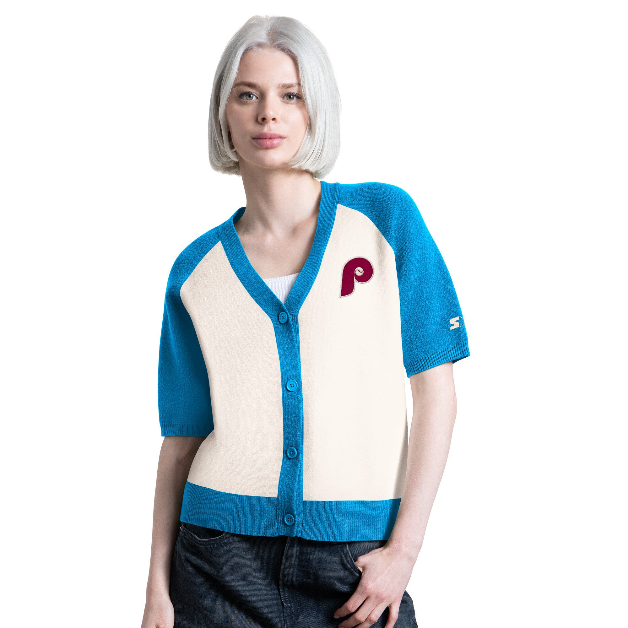 Women's Starter Cream Philadelphia Phillies Cooperstown Collection Key Player Tri-Blend Cropped Button-Up Raglan Short Sleeve Sweater