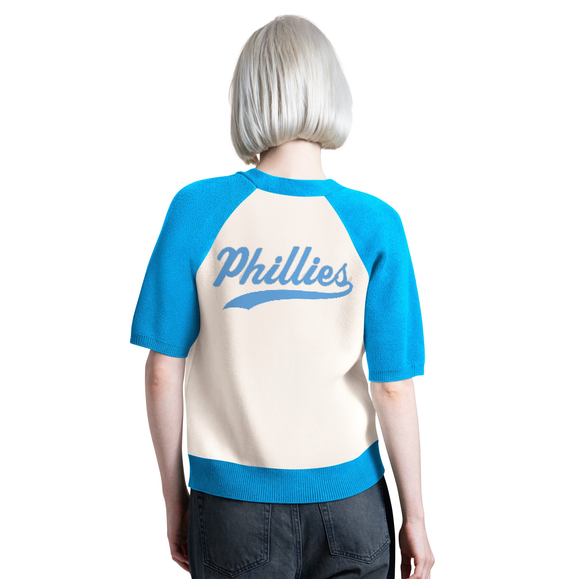Women's Starter Cream Philadelphia Phillies Cooperstown Collection Key Player Tri-Blend Cropped Button-Up Raglan Short Sleeve Sweater