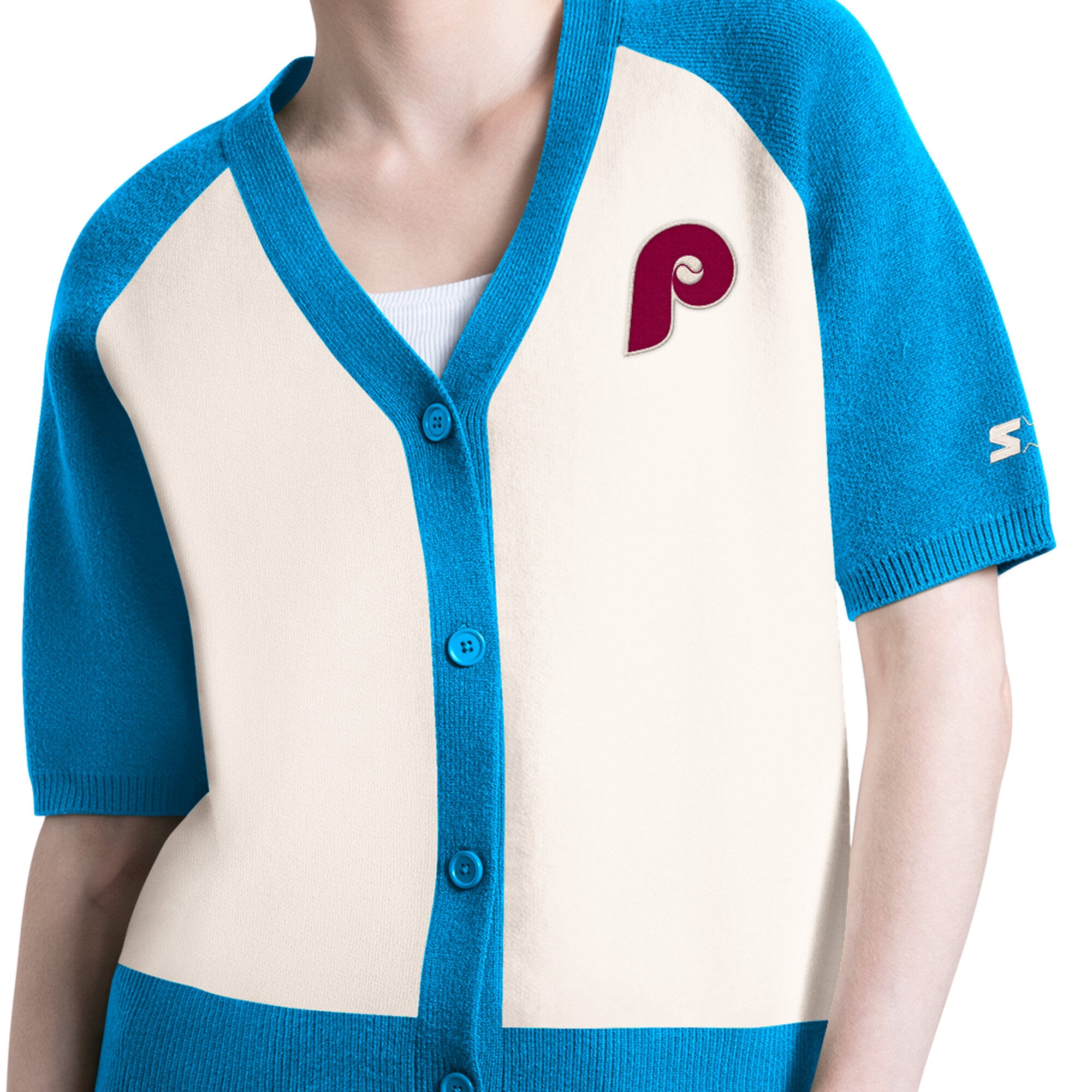 Women's Starter Cream Philadelphia Phillies Cooperstown Collection Key Player Tri-Blend Cropped Button-Up Raglan Short Sleeve Sweater