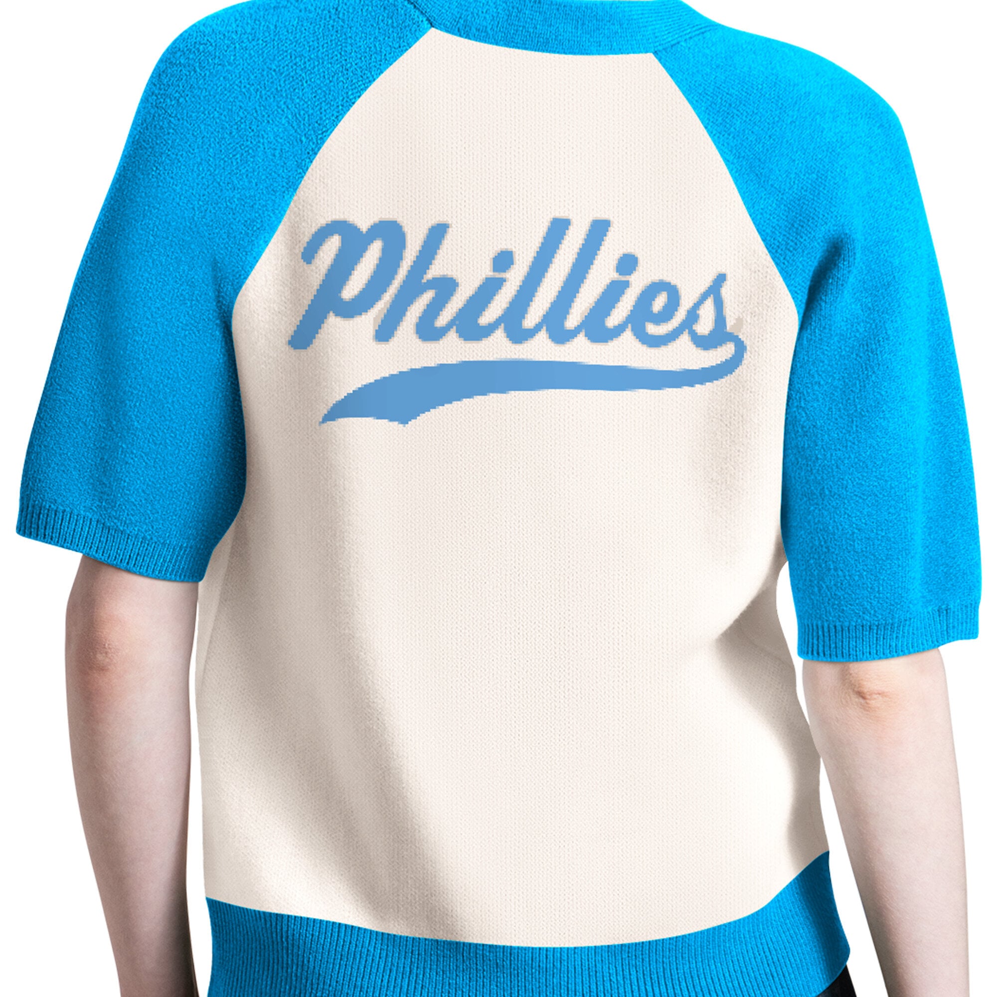 Women's Starter Cream Philadelphia Phillies Cooperstown Collection Key Player Tri-Blend Cropped Button-Up Raglan Short Sleeve Sweater
