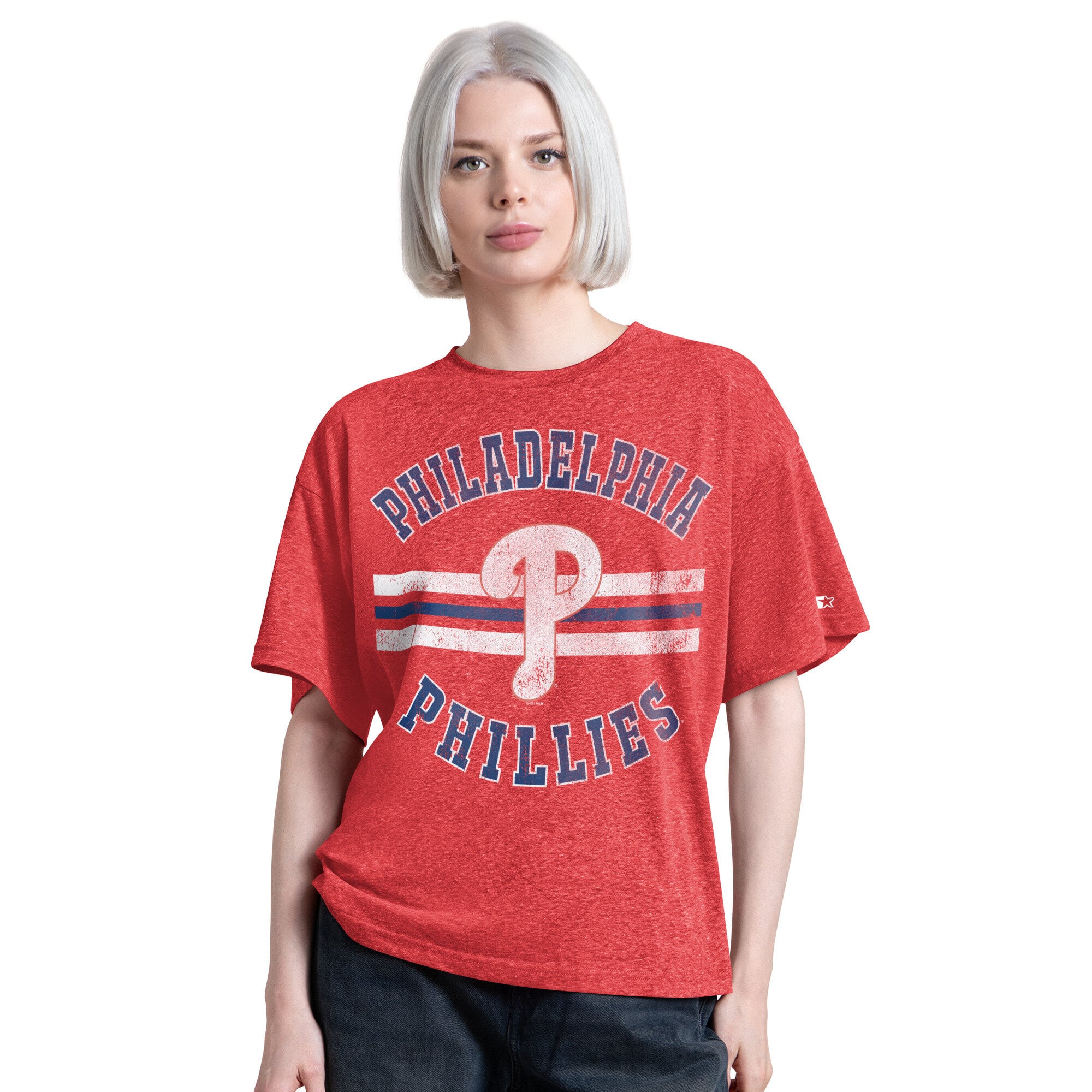 T-shirt Starter rouge Philadelphia Phillies Jump Shot Boyfriend Tri-Blend pour femme