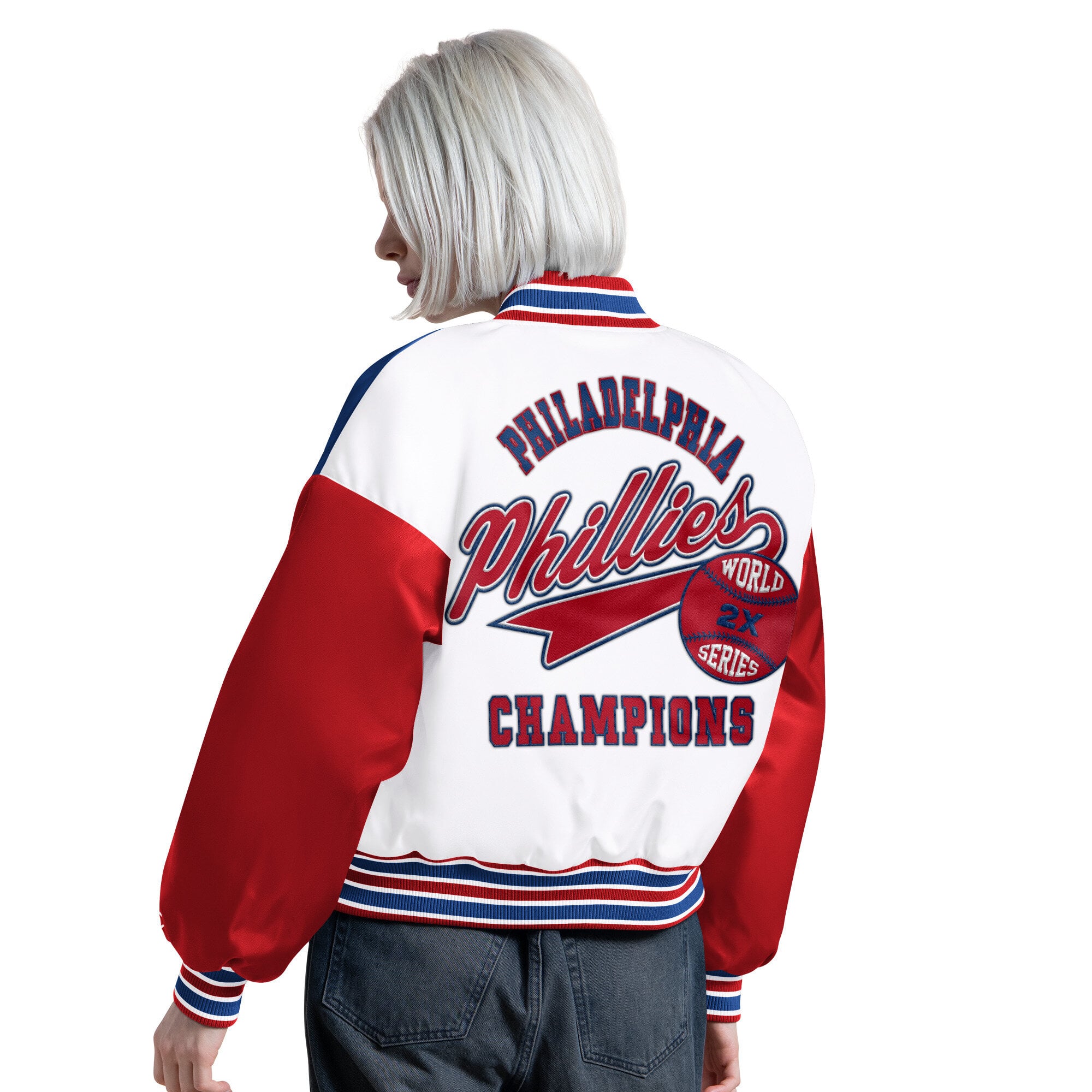 Veste universitaire Starter blanche pour femmes, modèle Game On des Phillies de Philadelphie, à boutons-pression.