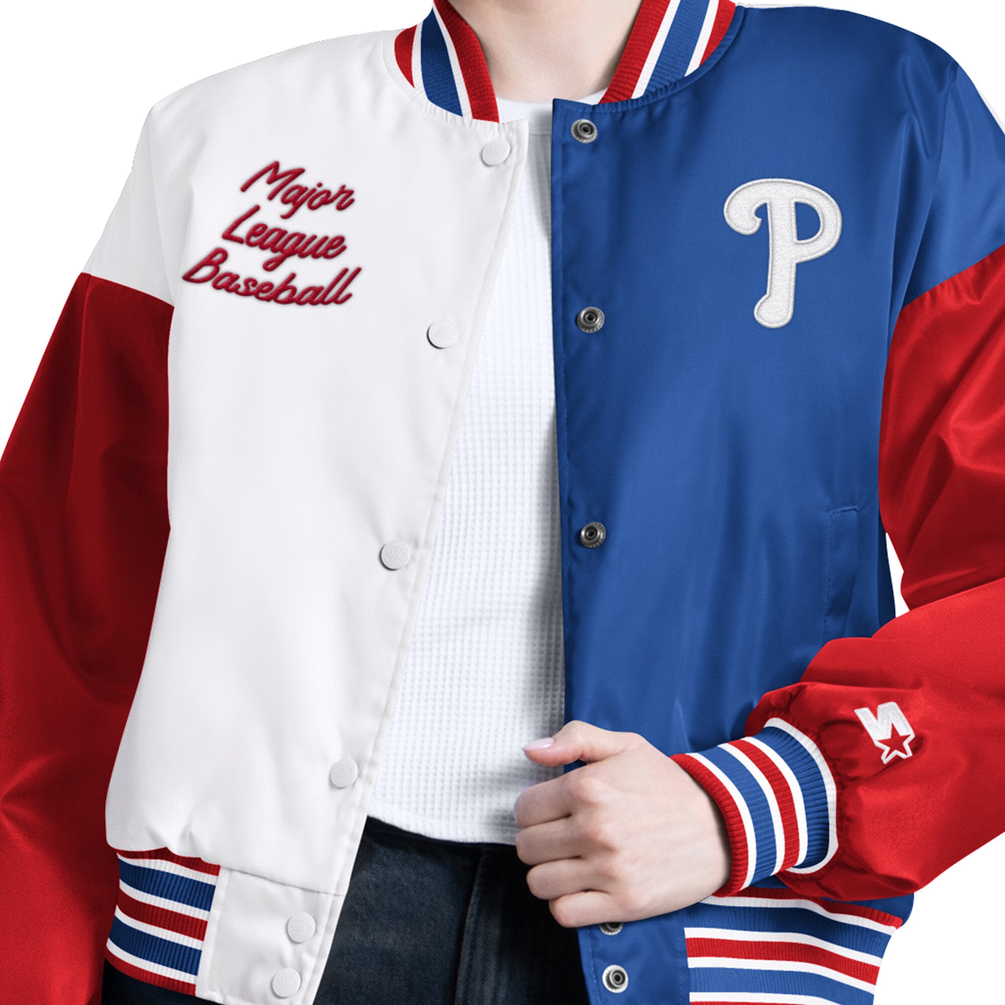 Veste universitaire Starter blanche pour femmes, modèle Game On des Phillies de Philadelphie, à boutons-pression.