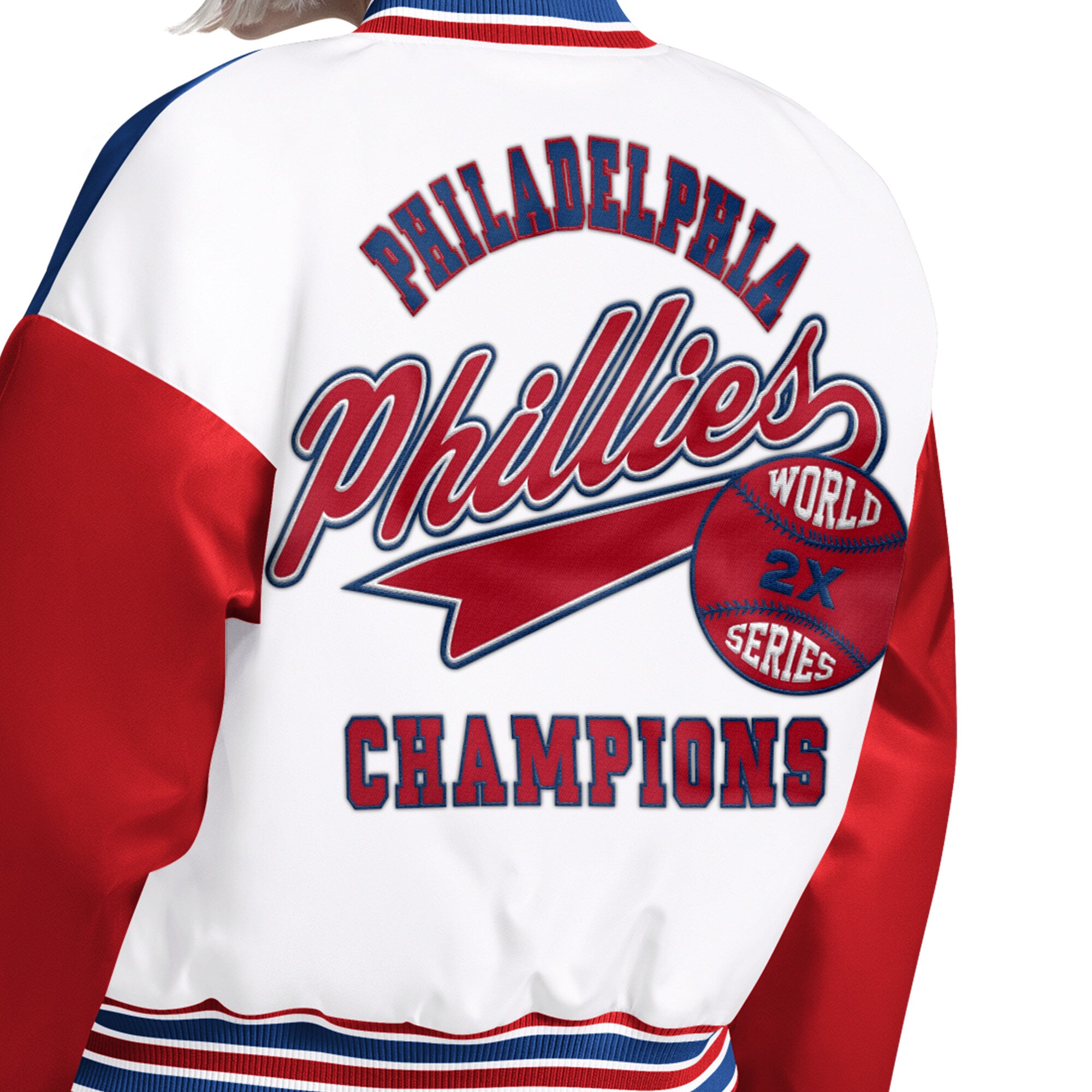 Veste universitaire Starter blanche pour femmes, modèle Game On des Phillies de Philadelphie, à boutons-pression.