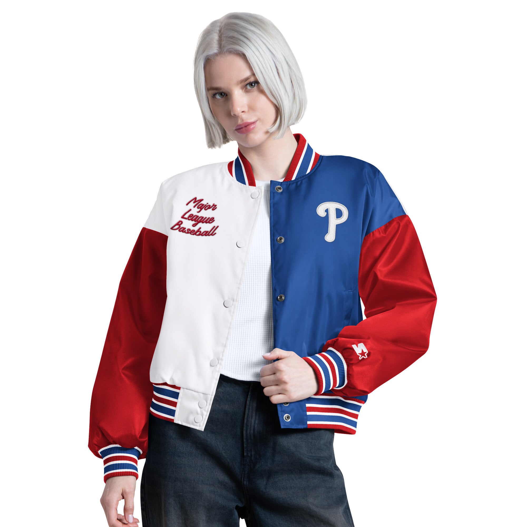 Veste universitaire Starter blanche pour femmes, modèle Game On des Phillies de Philadelphie, à boutons-pression.