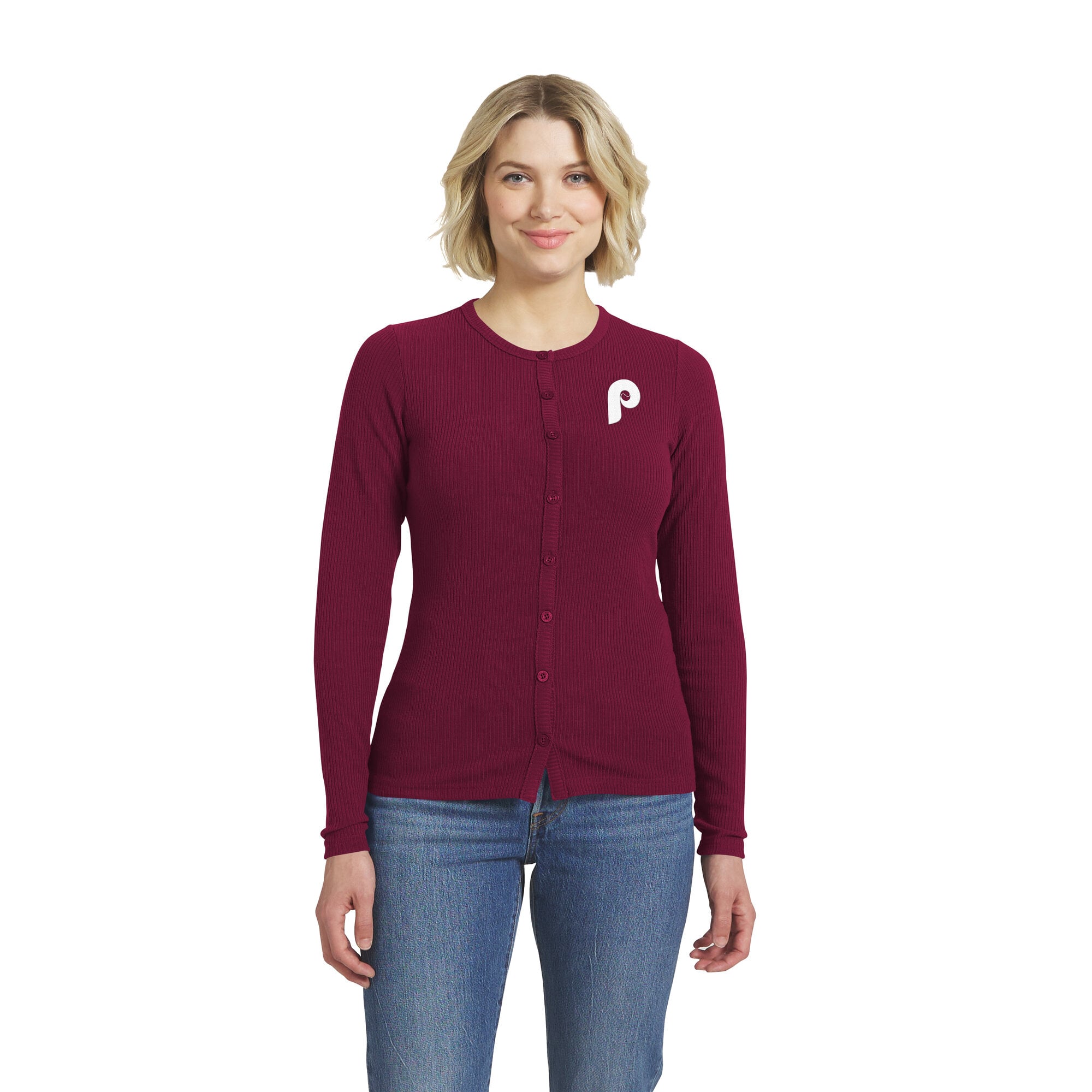 Pull boutonné côtelé bordeaux Philadelphia Phillies de la marque WEAR by Erin Andrews pour femme