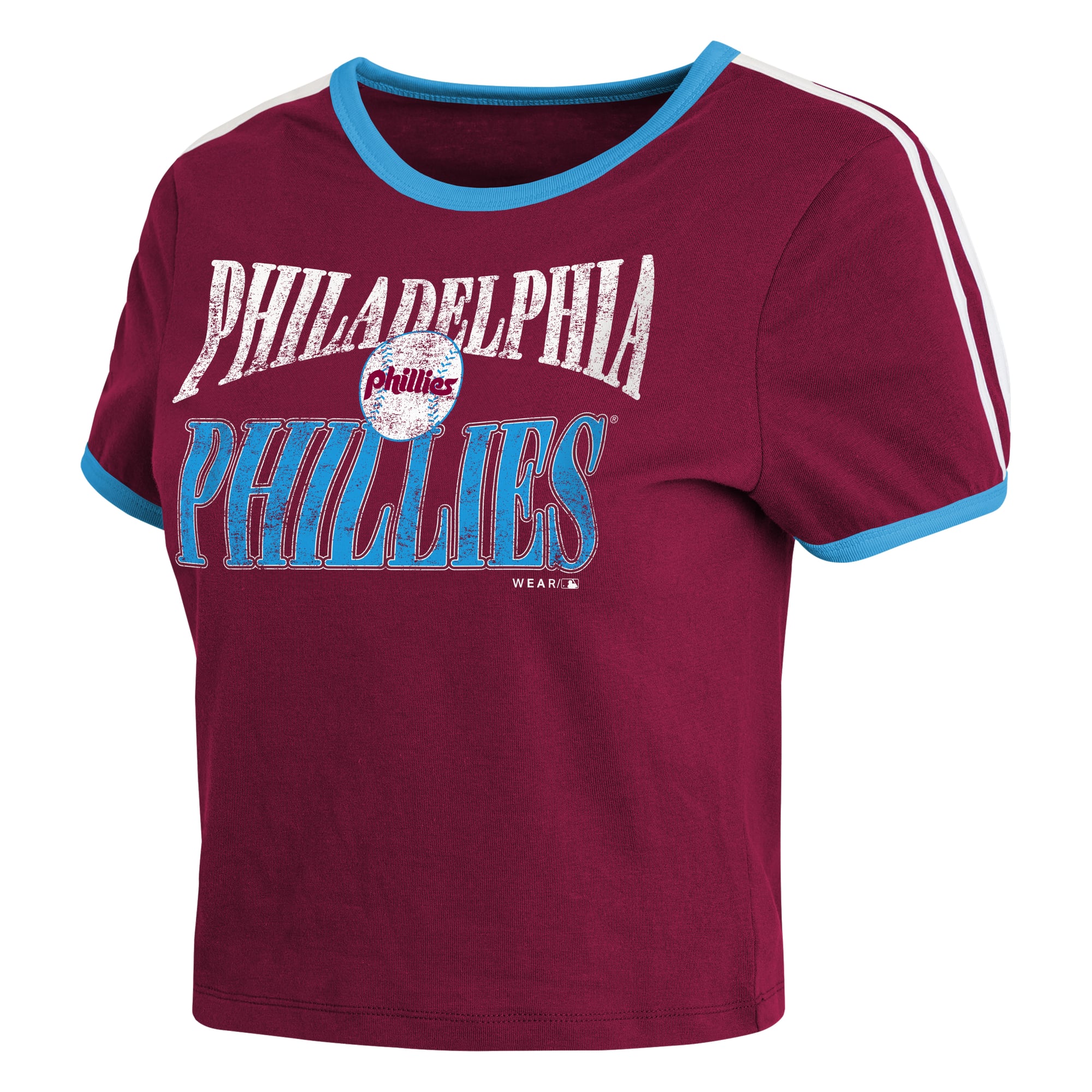 T-shirt court à col rond style rétro pour femme WEAR by Erin Andrews Philadelphia Phillies, couleur bordeaux.