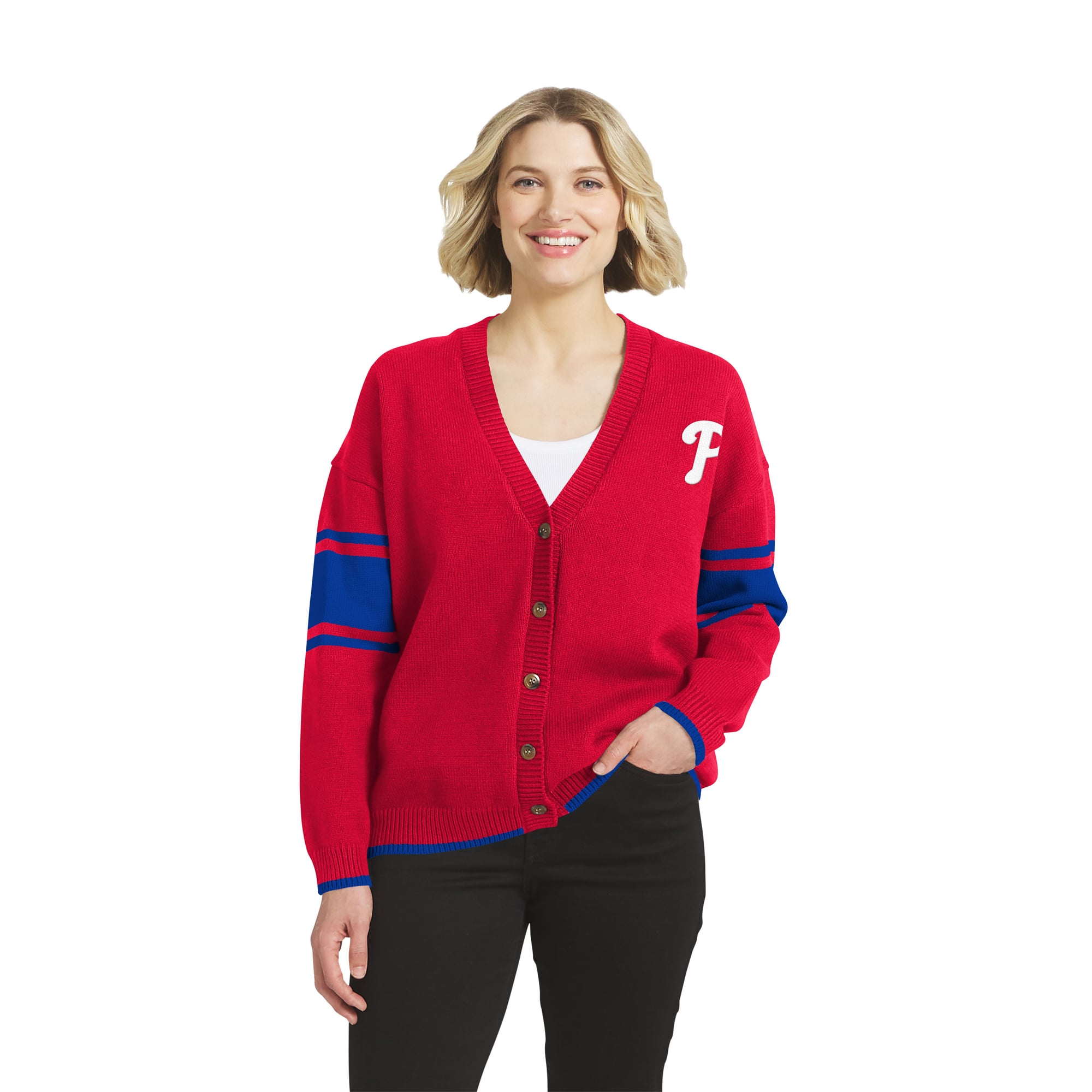 Women's WEAR by Erin Andrews Red Philadelphia Phillies Button-Up Knit Cardigan