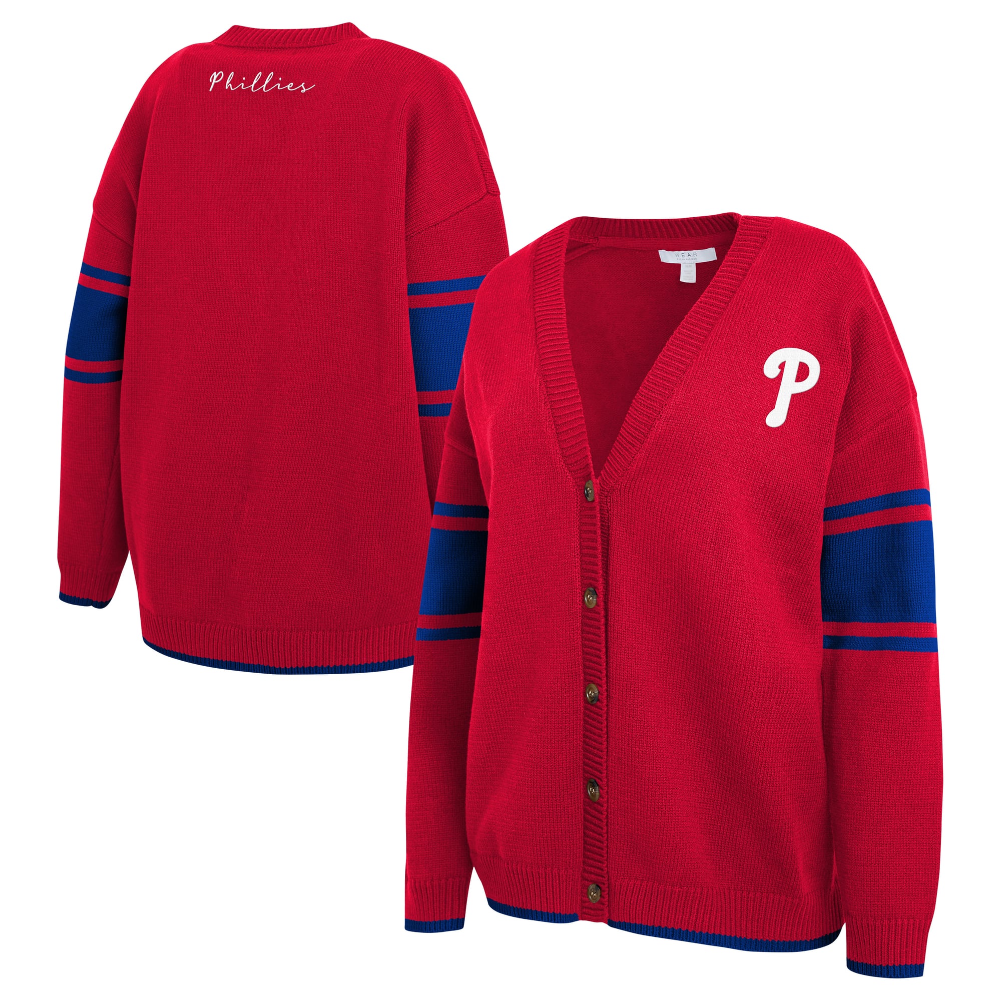 Women's WEAR by Erin Andrews Red Philadelphia Phillies Button-Up Knit Cardigan