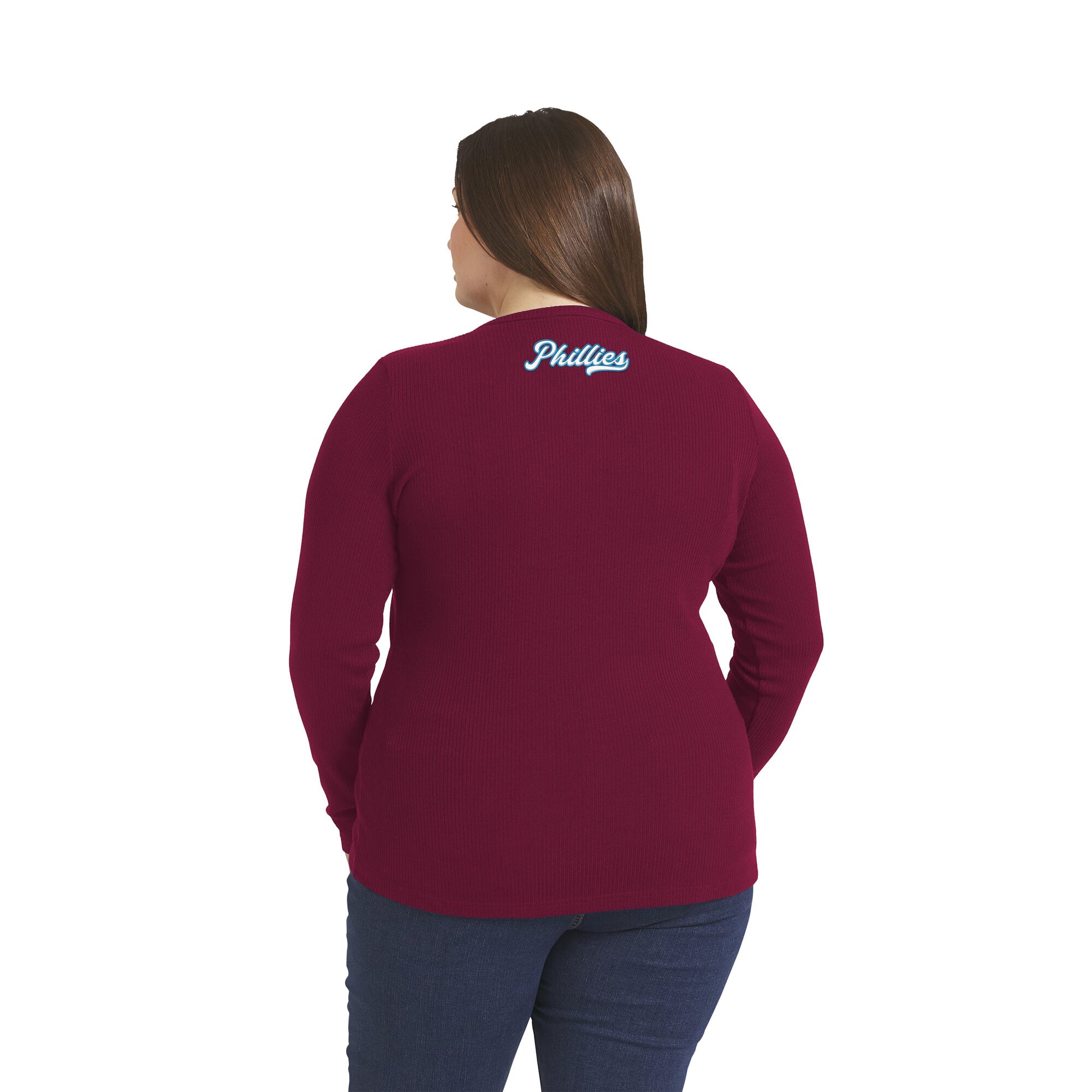 Women's WEAR by Erin Andrews Red Philadelphia Phillies Plus Rib Knit Button-Down Sweater