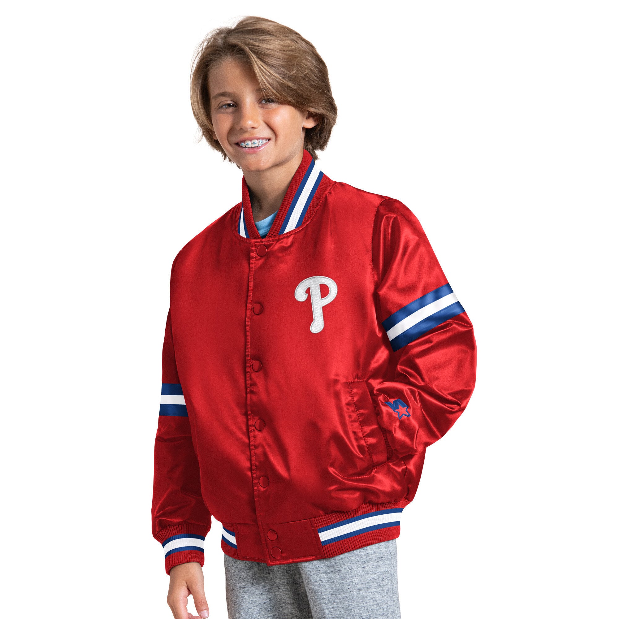 Veste montante Youth Starter rouge Philadelphia Phillies Courtside Jr. Varsity à boutons-pression