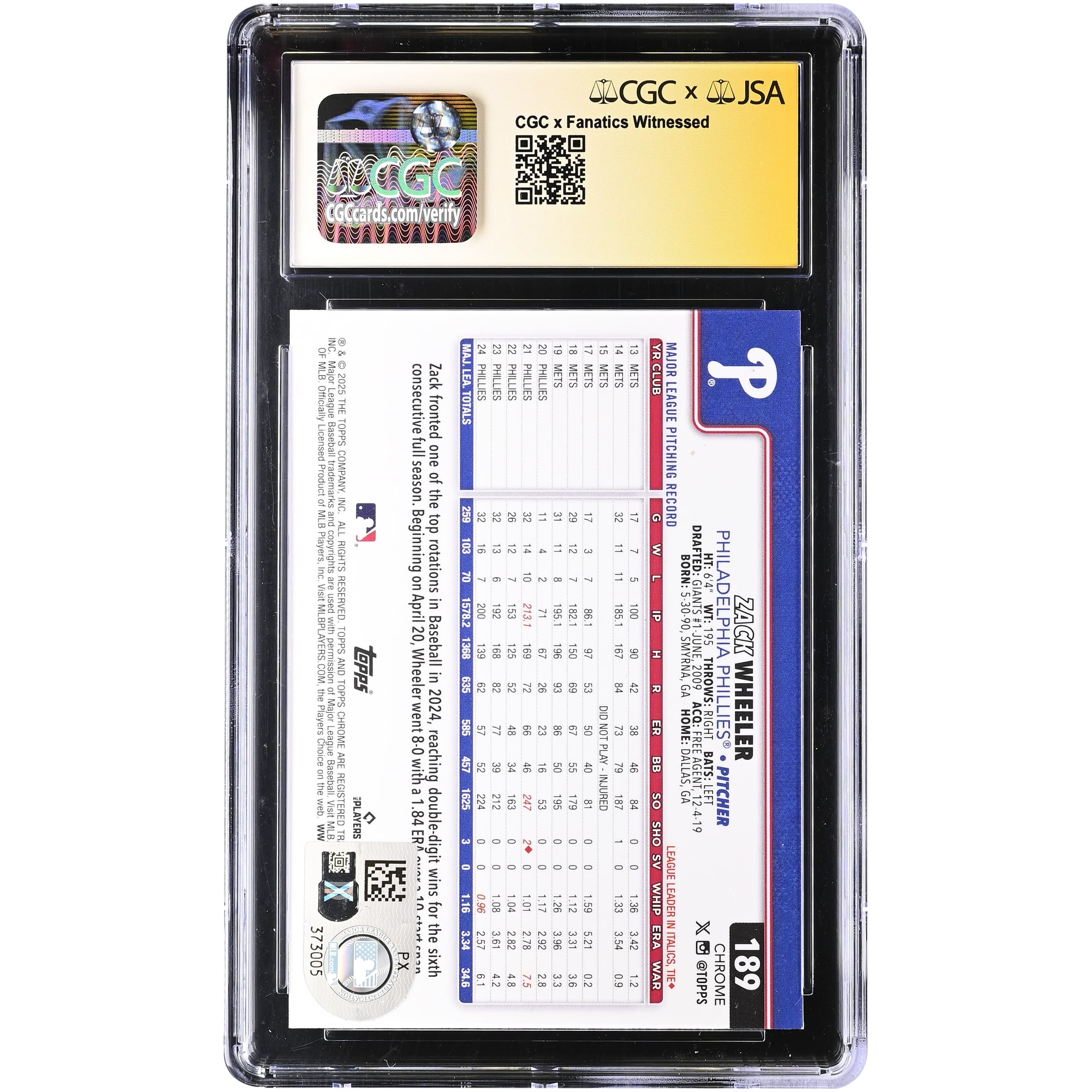 Carte authentifiée CGC 2025 Topps Chrome n° 189 de Zack Wheeler (Phillies de Philadelphie), autographiée par CGC