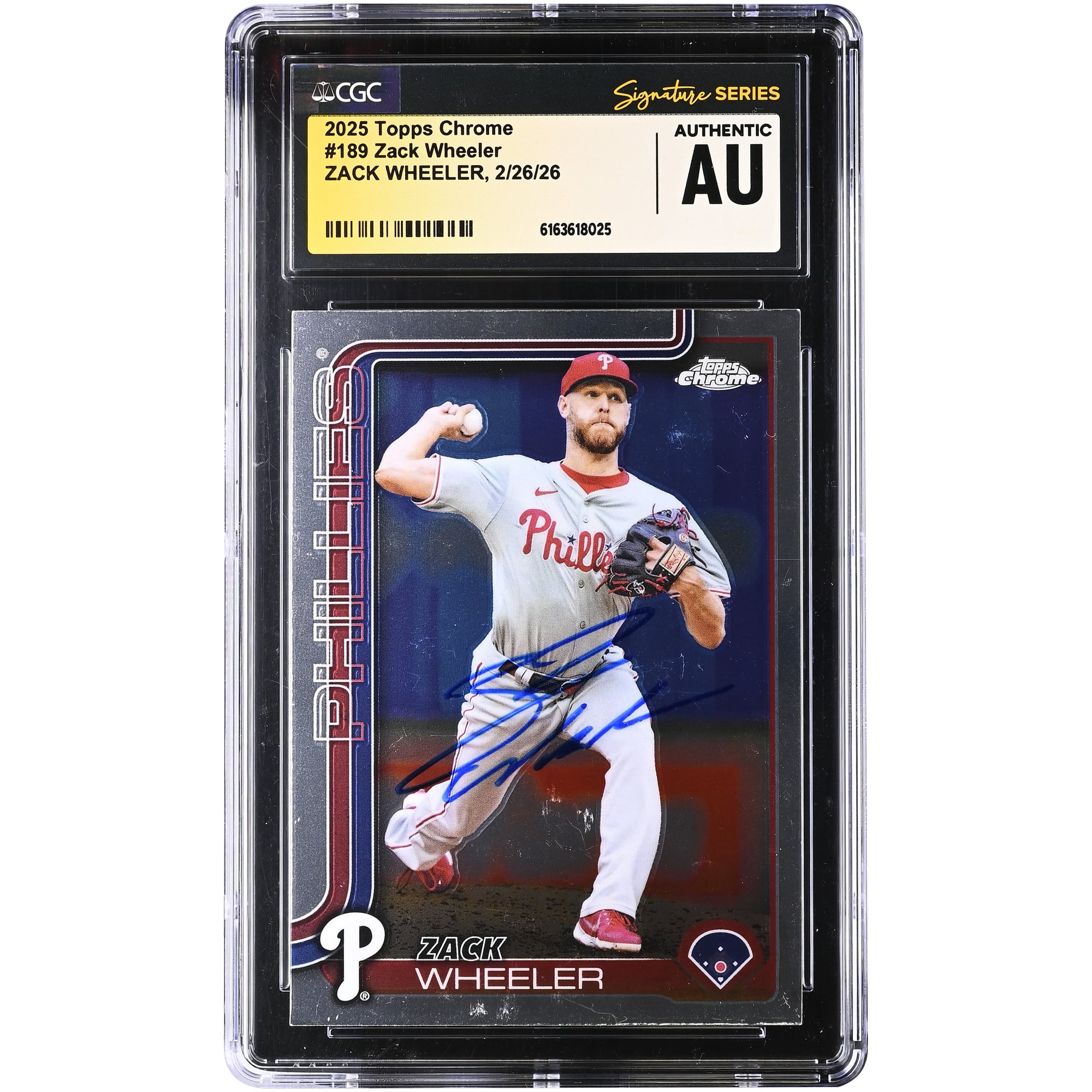 Carte authentifiée CGC 2025 Topps Chrome n° 189 de Zack Wheeler (Phillies de Philadelphie), autographiée par CGC