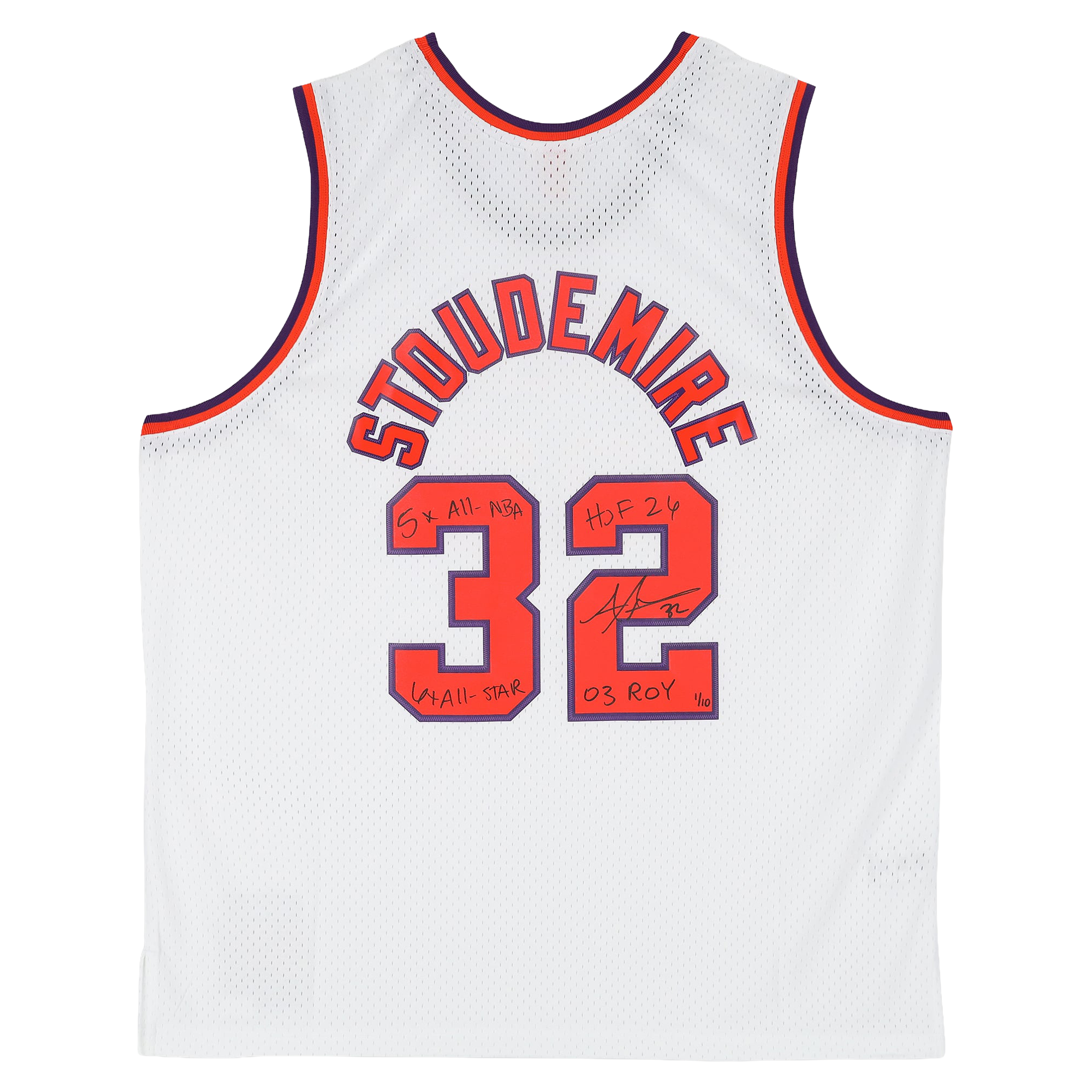 Maillot Swingman blanc Mitchell & Ness 2002 autographié par Amar'e Stoudemire des Phoenix Suns, avec plusieurs inscriptions