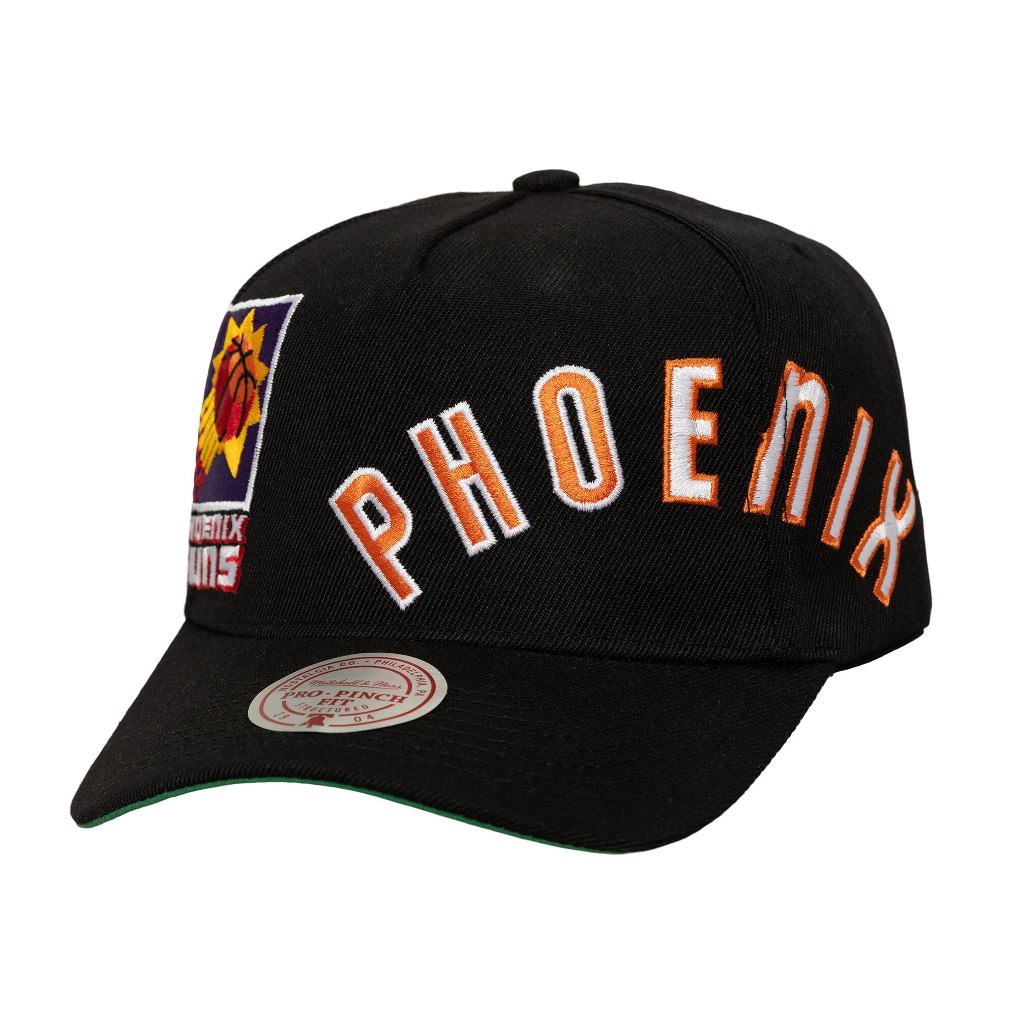 Men's Phoenix Suns Mitchell & Ness Black Busted Logo Wordmark Wrap-Around Pro Pinch Adjustable Hat