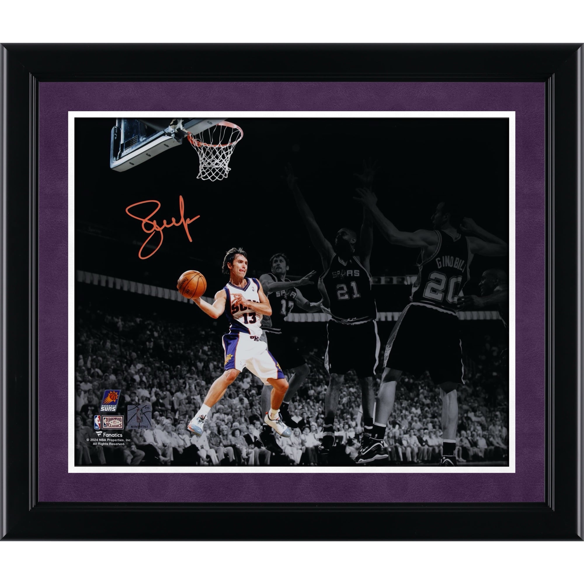 Steve Nash Phoenix Suns Autographed 11" x 14" Passing vs. San Antonio Spurs Spotlight Photograph - Signed in Orange Ink