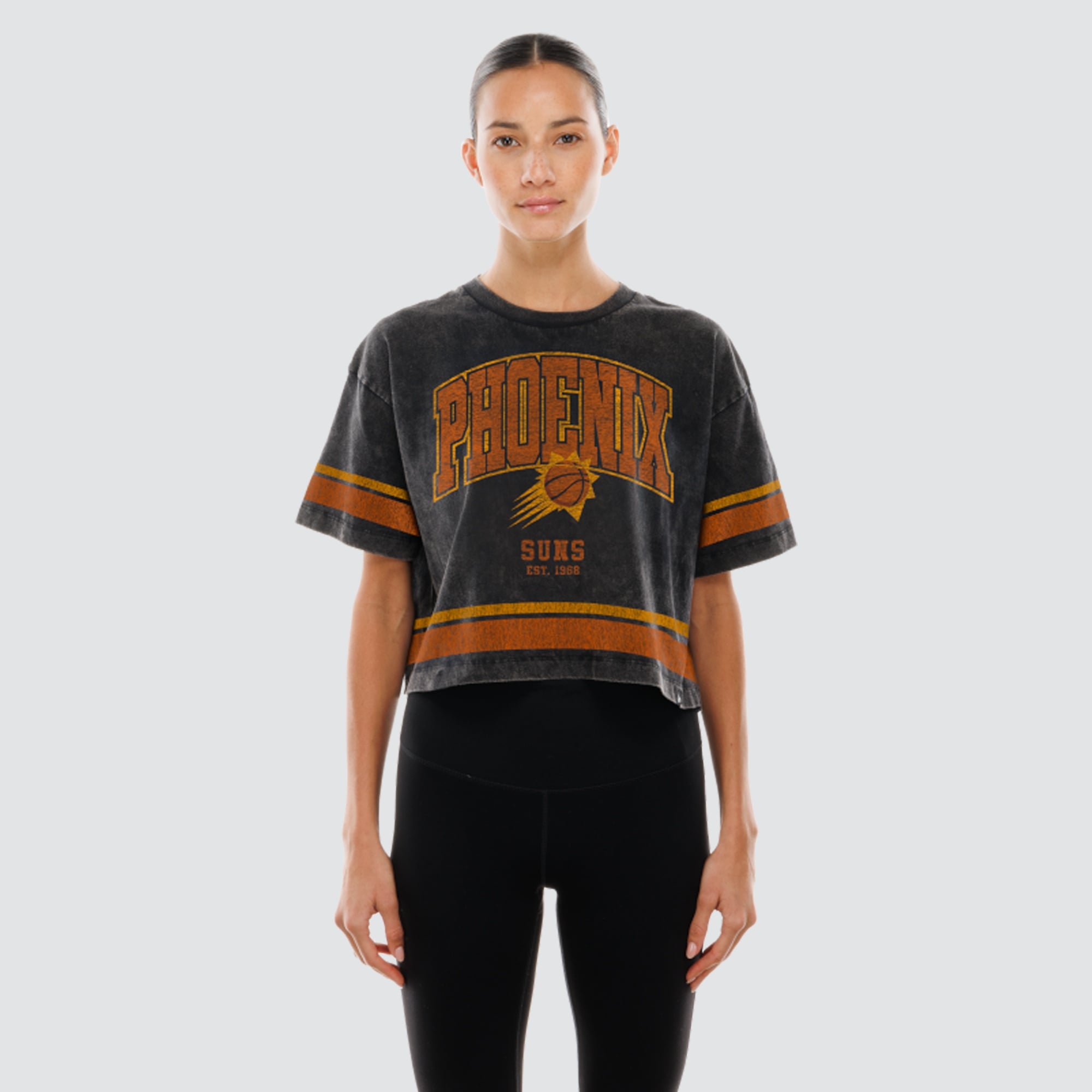T-shirt court New Era Phoenix Suns noir pour femme, coupe carrée, délavage minéral