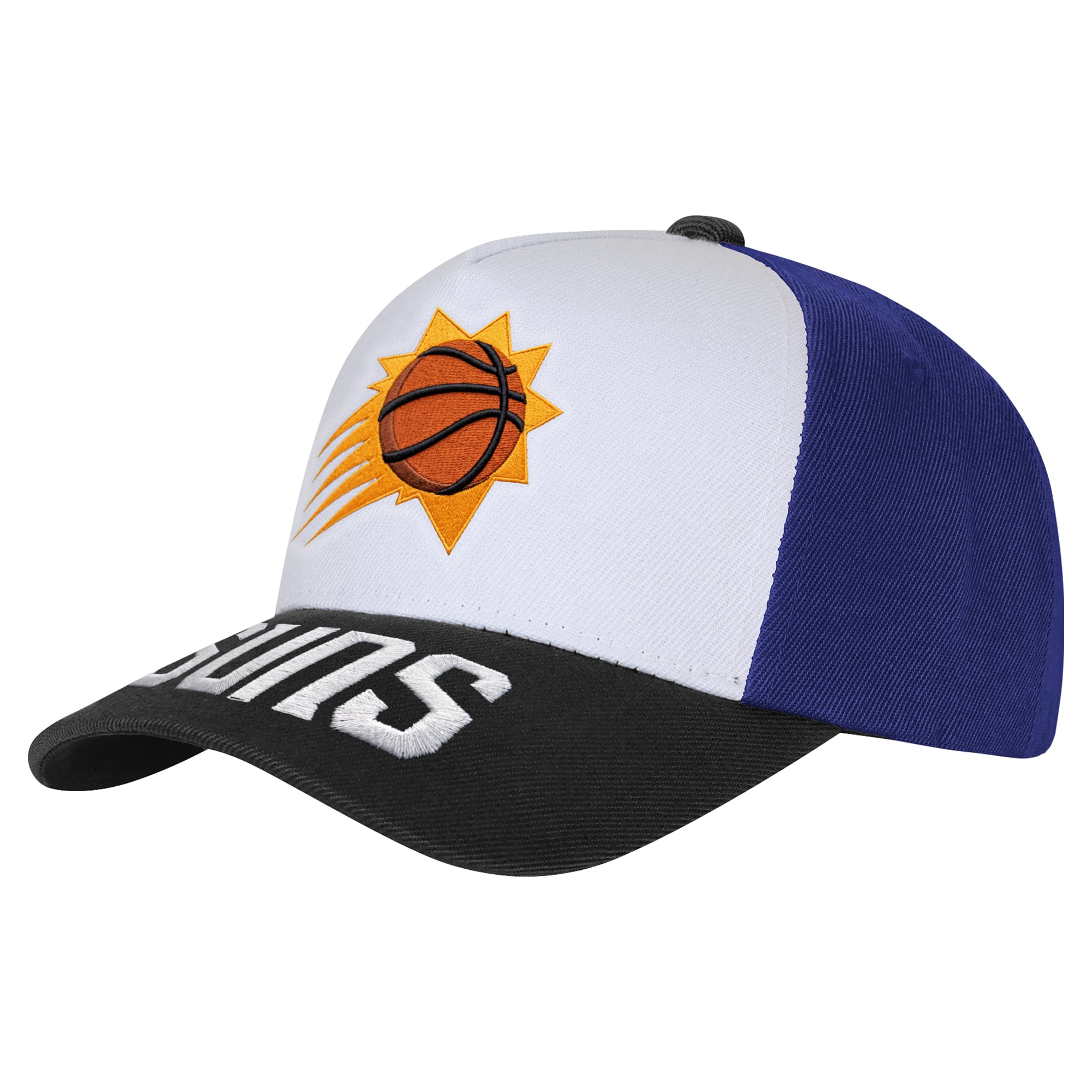 Casquette Youth Outerstuff blanche/noire avec logo Phoenix Suns Three Pro Pinch pré-courbée et ajustable