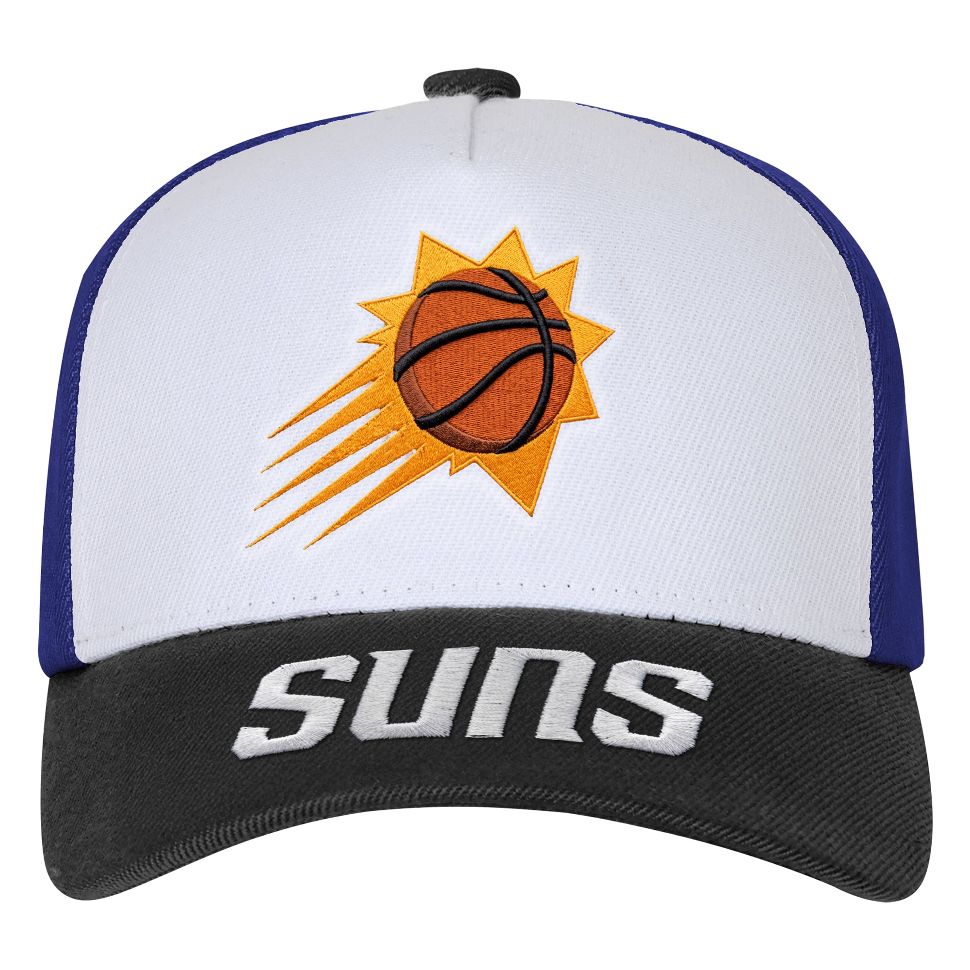 Casquette Youth Outerstuff blanche/noire avec logo Phoenix Suns Three Pro Pinch pré-courbée et ajustable
