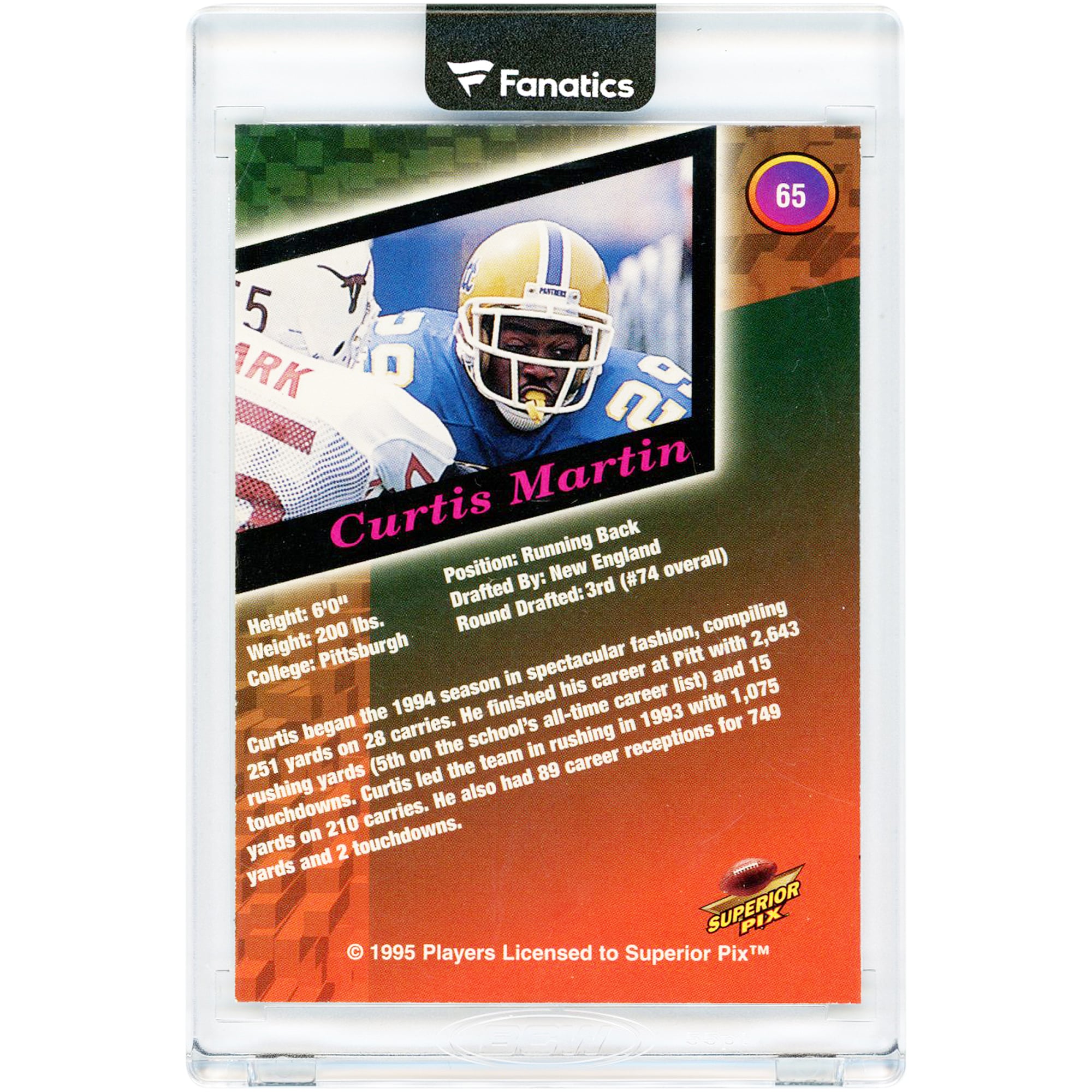 Curtis Martin Pitt Panthers Autographed 1995 Superior Pix #65 #1,052/4,000 Rookie Card