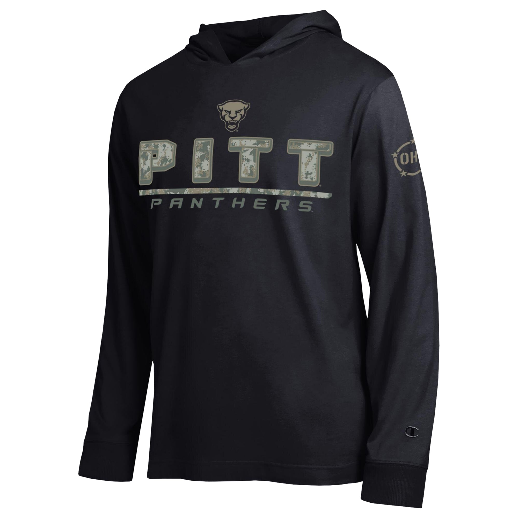 T-shirt à manches longues et capuche Champion Black Pitt Panthers Operation Hat Trick Camo Script pour homme