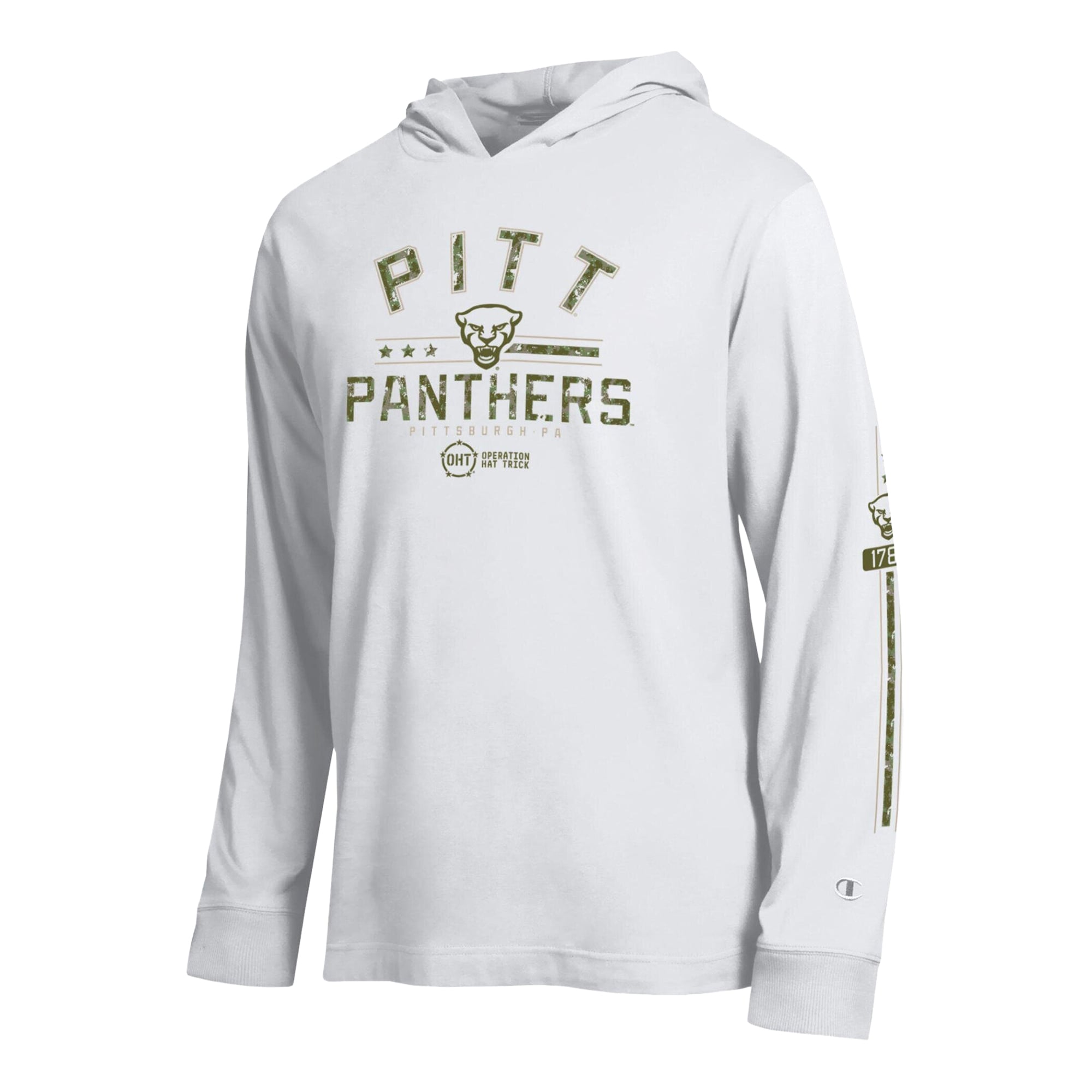 T-shirt à manches longues capuche Champion White Pitt Panthers Operation Hat Trick pour homme