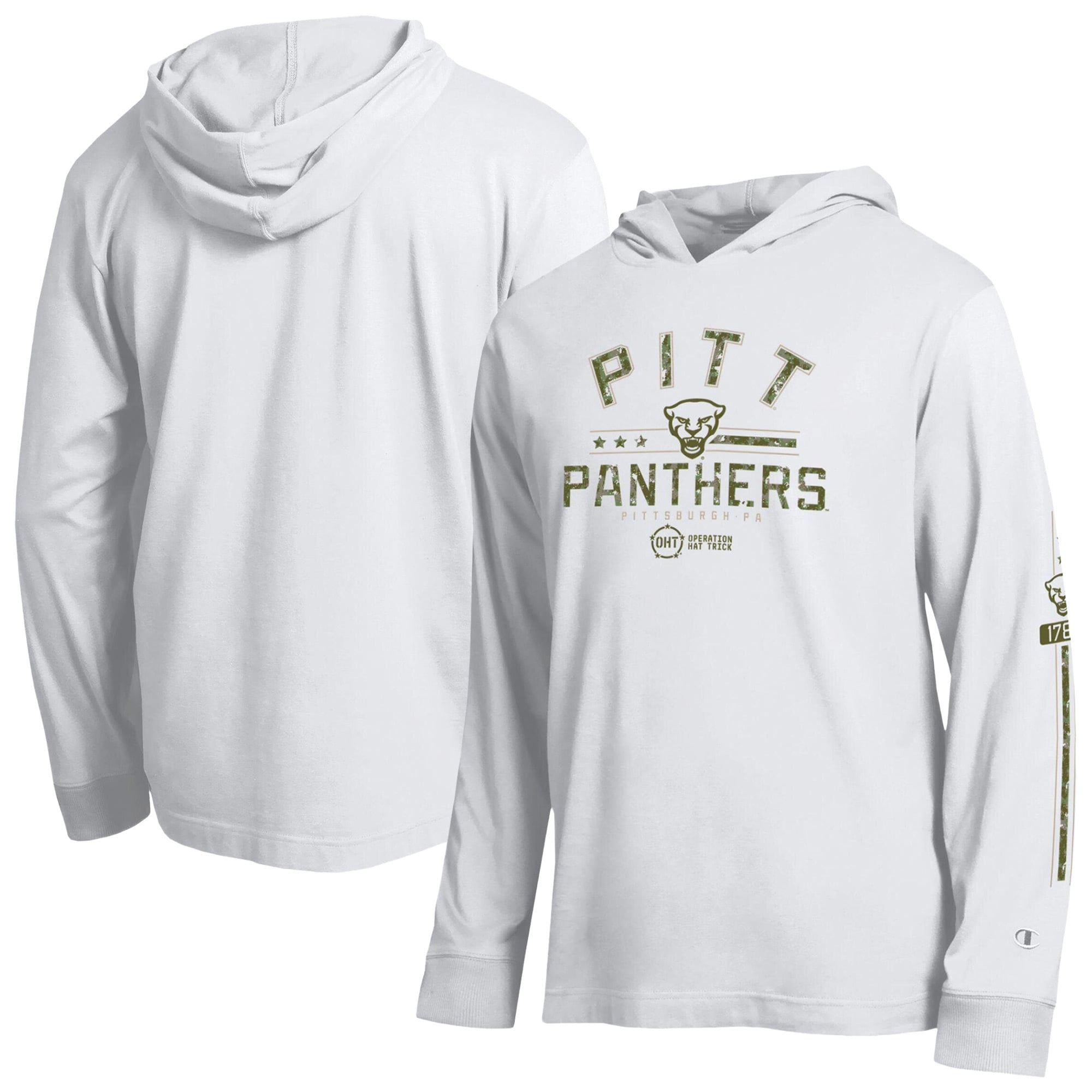 T-shirt à manches longues capuche Champion White Pitt Panthers Operation Hat Trick pour homme
