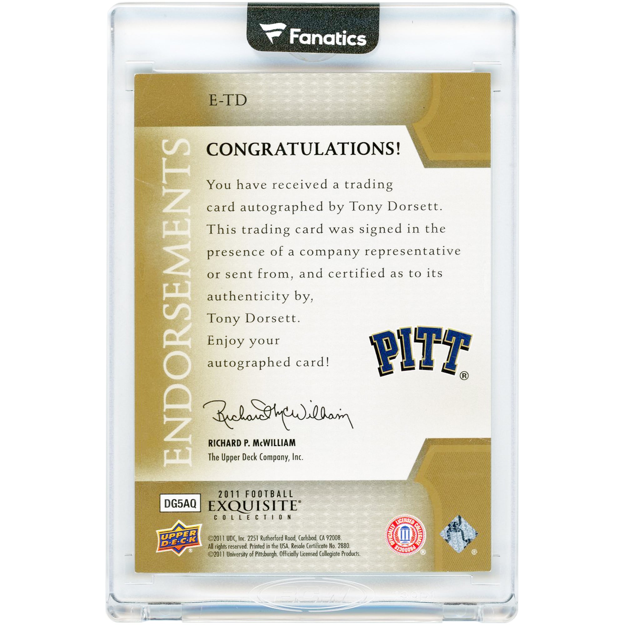 Tony Dorsett Pitt Panthers Autographed 2011 Upper Deck Exquisite Collection Endorsements #E-TD #16/45 Card