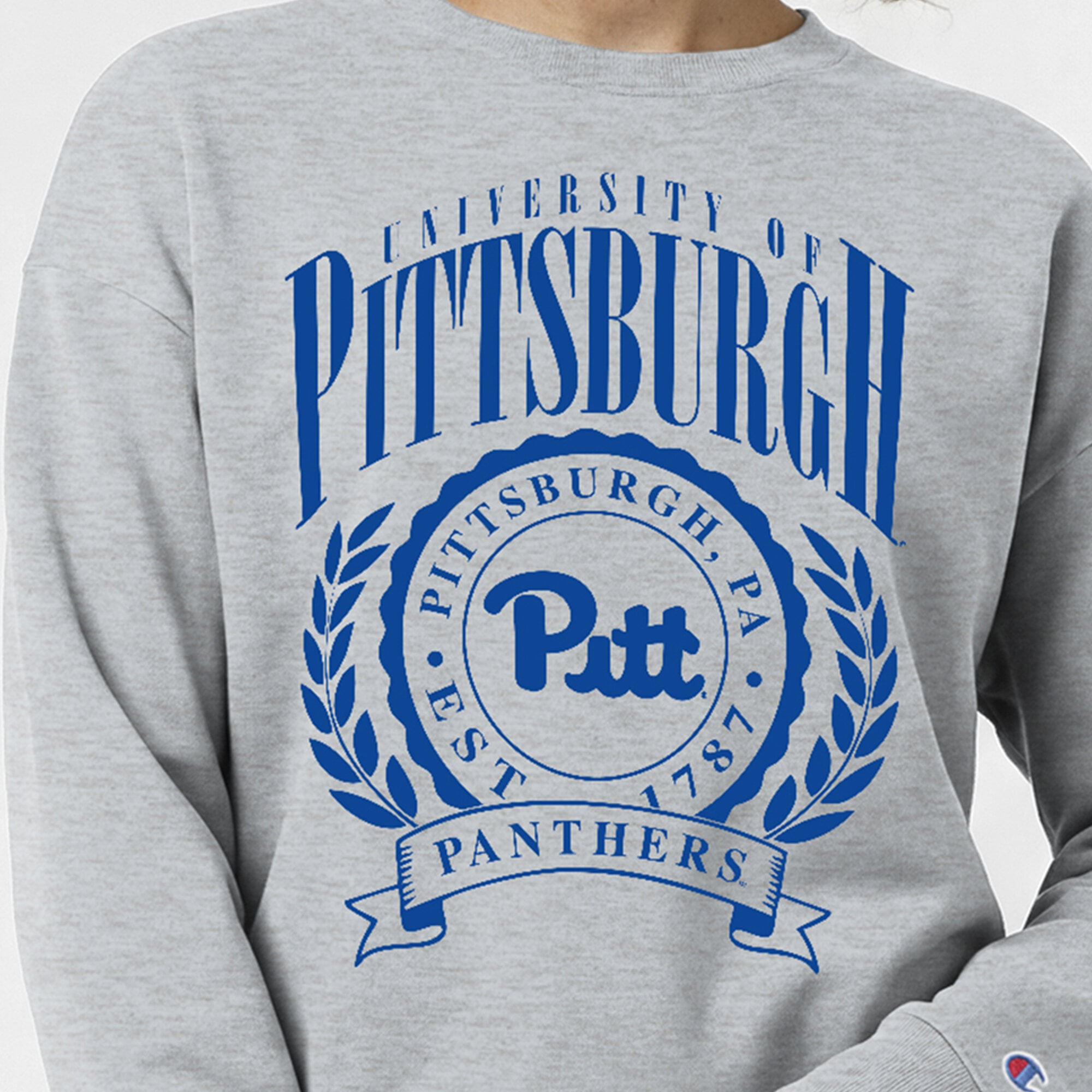 Women's Champion Heather Gray Pitt Panthers Academic Crest Powerblend Crewneck Sweatshirt