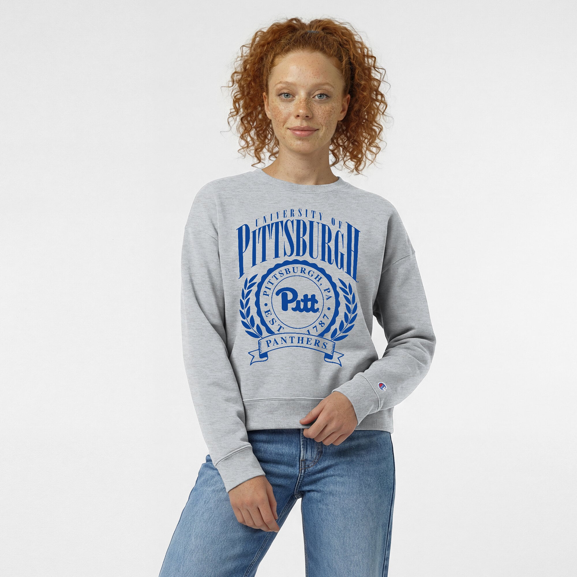 Women's Champion Heather Gray Pitt Panthers Academic Crest Powerblend Crewneck Sweatshirt