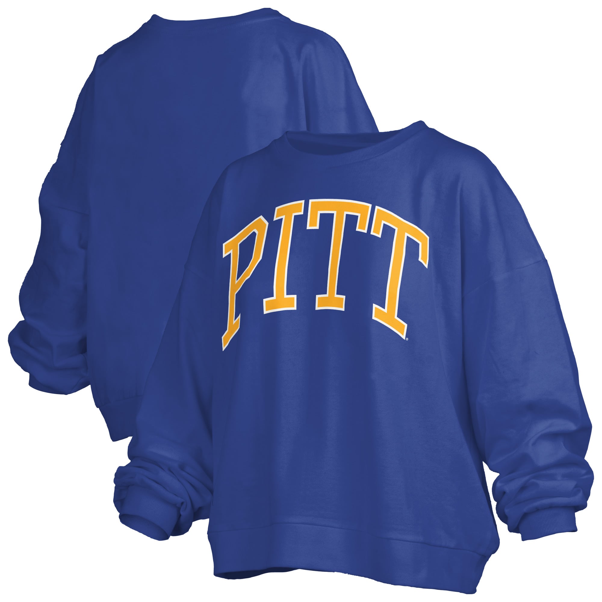 Women's Pressbox Royal Pitt Panthers Oversized Janise Arch Over Logo Fleece Sweatshirt