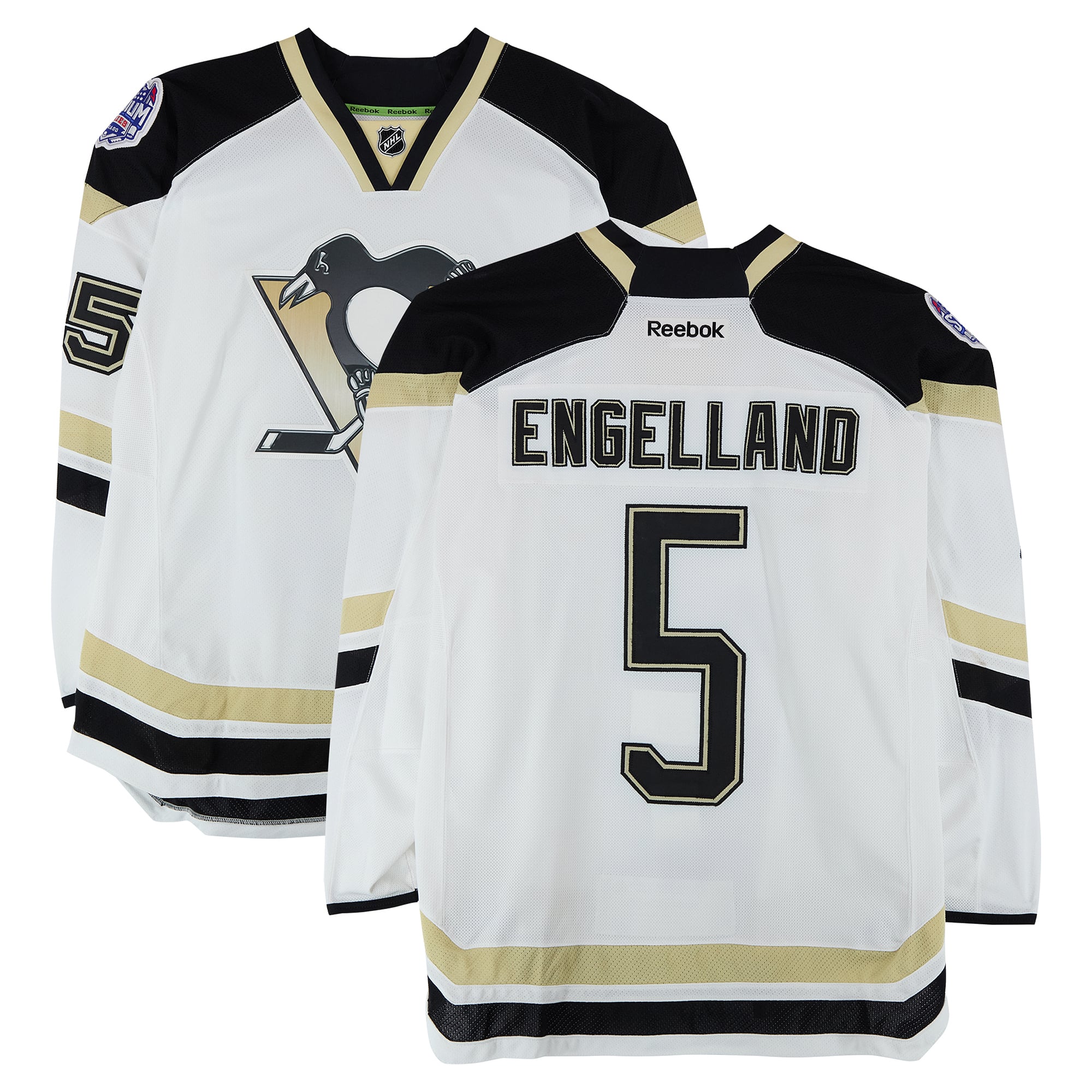 Deryk Engelland Pittsburgh Penguins Practice-Used #5 White Jersey vs. Chicago Blackhawks on March 1, 2014 - Worn During Warm-Ups