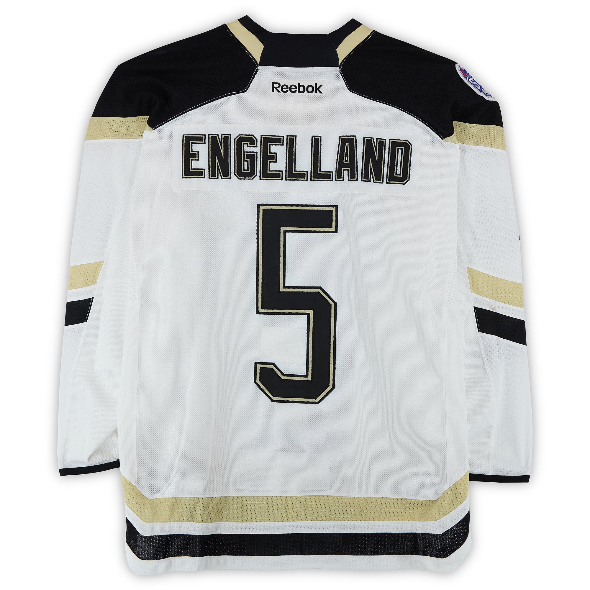 Deryk Engelland Pittsburgh Penguins Practice-Used #5 White Jersey vs. Chicago Blackhawks on March 1, 2014 - Worn During Warm-Ups