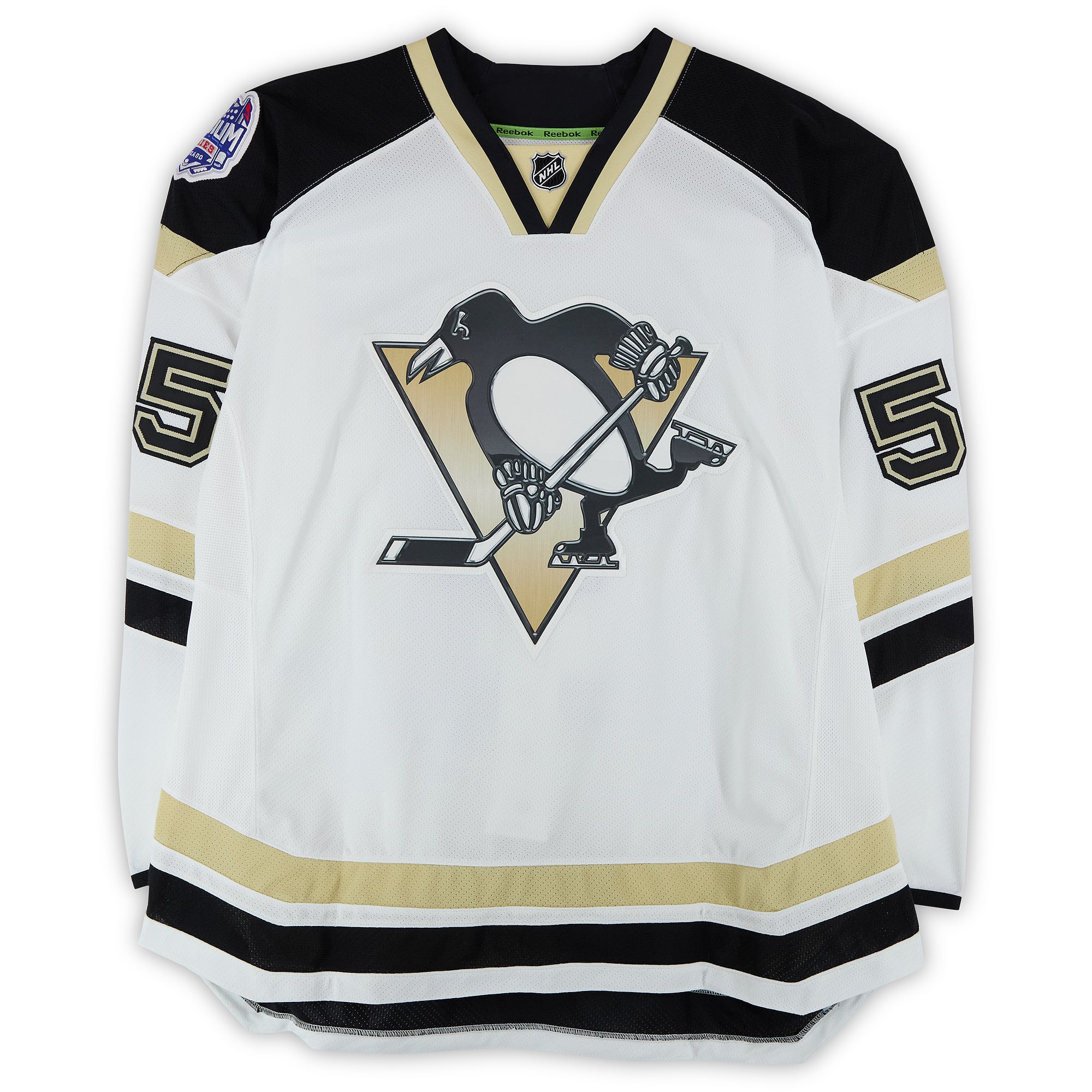 Deryk Engelland Pittsburgh Penguins Practice-Used #5 White Jersey vs. Chicago Blackhawks on March 1, 2014 - Worn During Warm-Ups