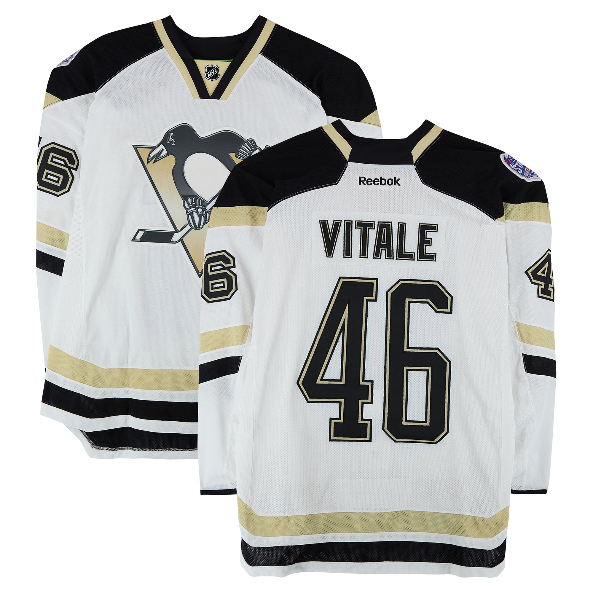 Maillot blanc n° 46 de Joe Vitale (Penguins de Pittsburgh) porté à l'entraînement contre les Blackhawks de Chicago le 1er mars 2014 - Porté pendant l'échauffement