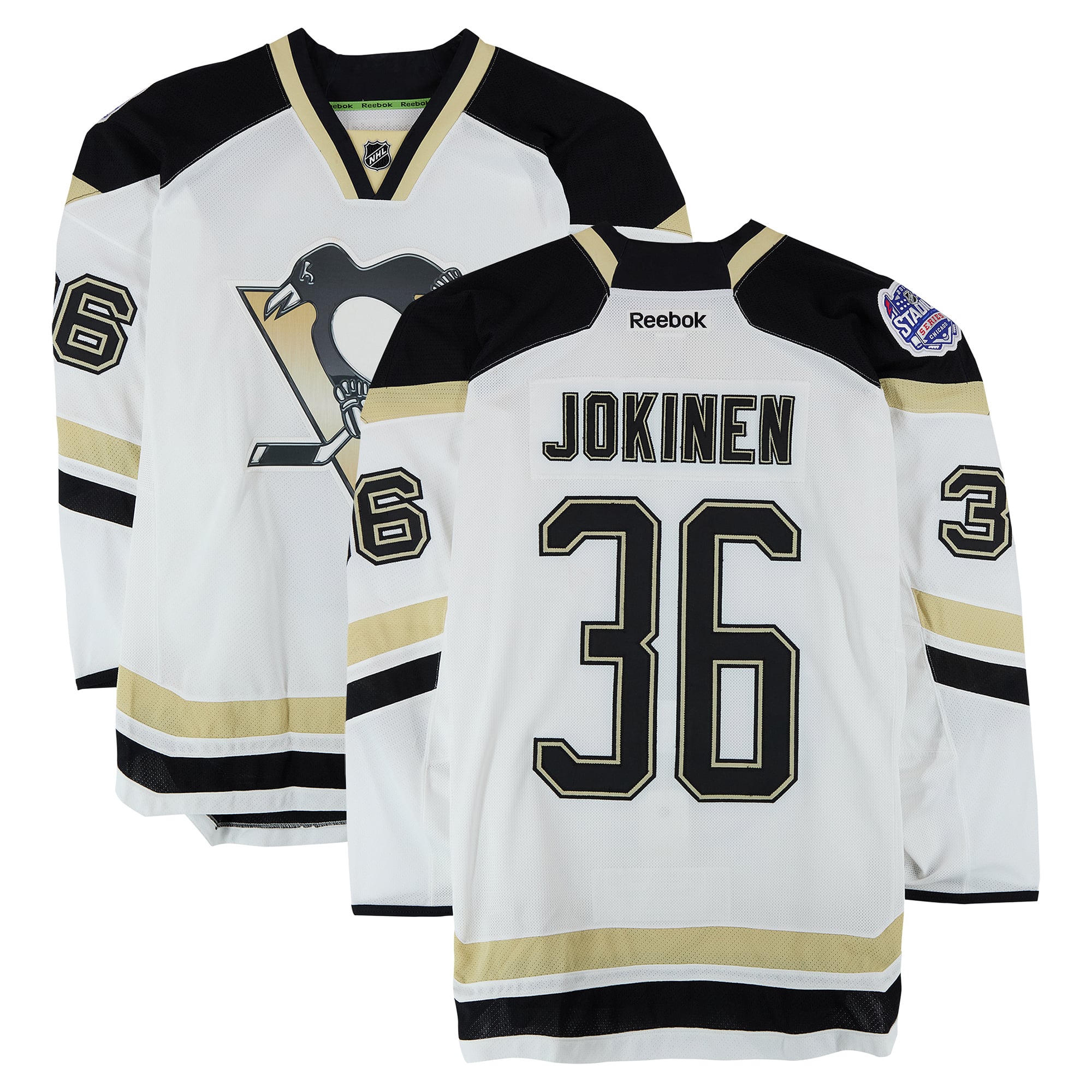 Jussi Jokinen Pittsburgh Penguins Practice-Used #36 White Jersey vs. Chicago Blackhawks on March 1, 2014 - Worn During Warm-Ups