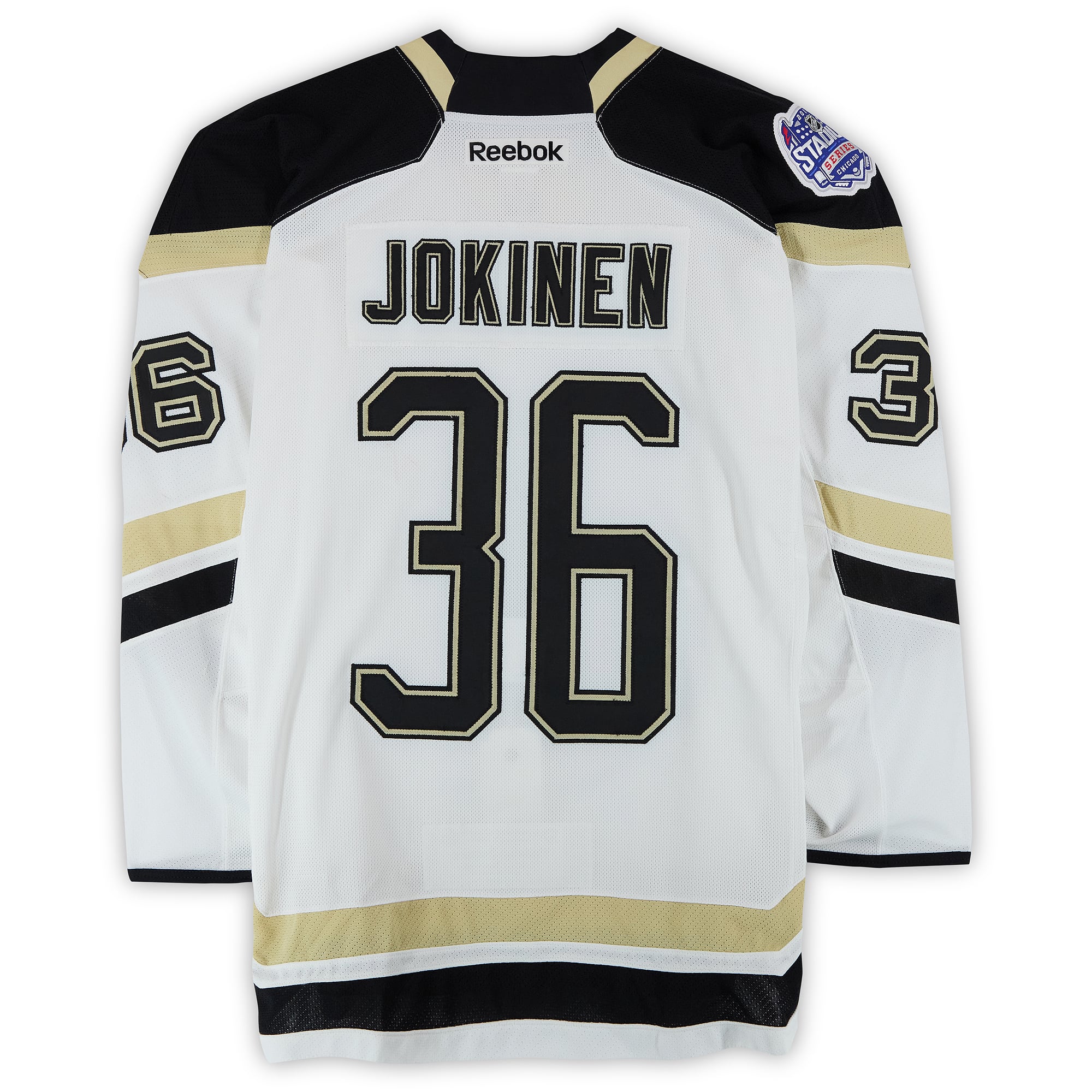 Jussi Jokinen Pittsburgh Penguins Practice-Used #36 White Jersey vs. Chicago Blackhawks on March 1, 2014 - Worn During Warm-Ups