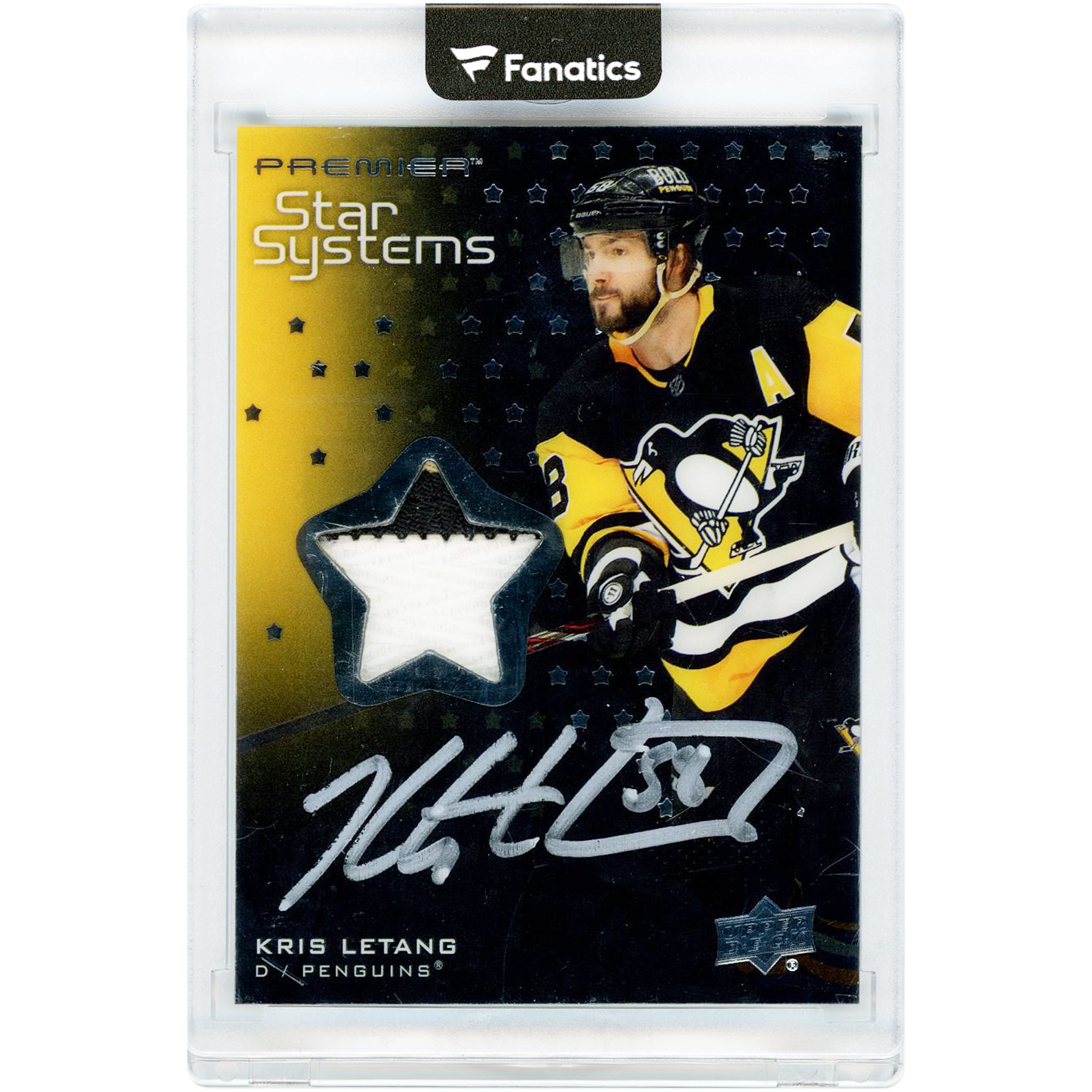 Carte autographiée Kris Letang des Penguins de Pittsburgh, saison 2021-2022, Upper Deck Premier Star Systems, relique bicolore, encre argentée, utilisée en match, #SS-KL #14/49