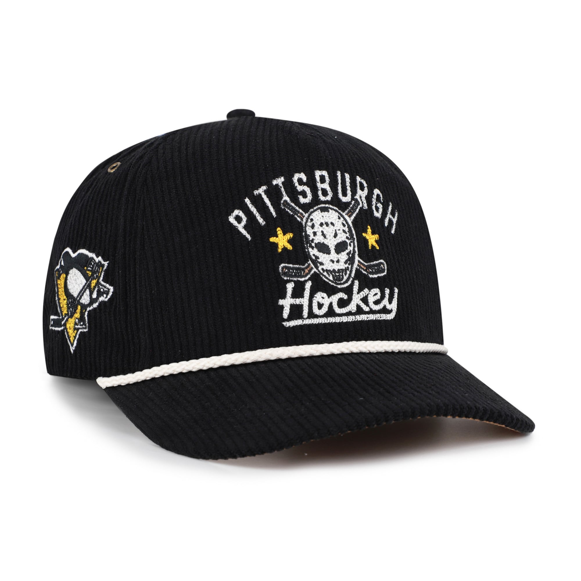 Masque de hockey Pittsburgh Penguins noir n° 47 pour homme, en velours côtelé avec boucle ajustable.