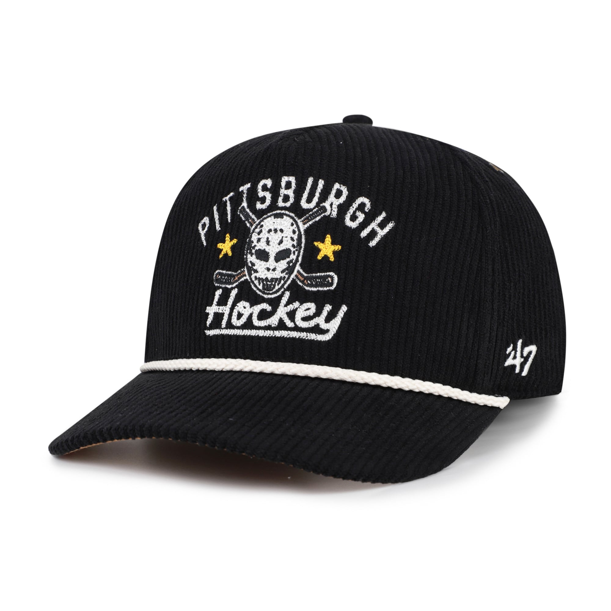 Masque de hockey Pittsburgh Penguins noir n° 47 pour homme, en velours côtelé avec boucle ajustable.
