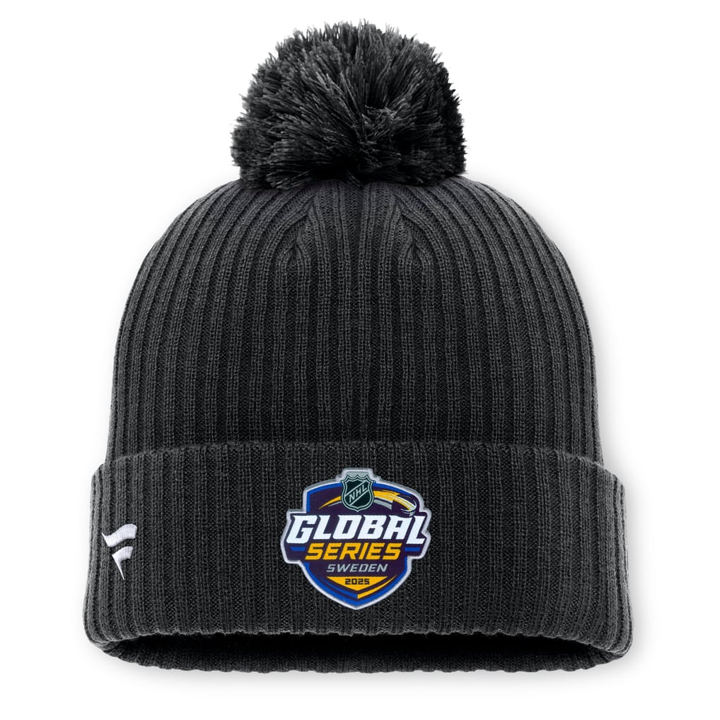 Men's Pittsburgh Penguins Fanatics Black 2025 NHL Global Series Sweden Cuffed Knit Hat with Pom