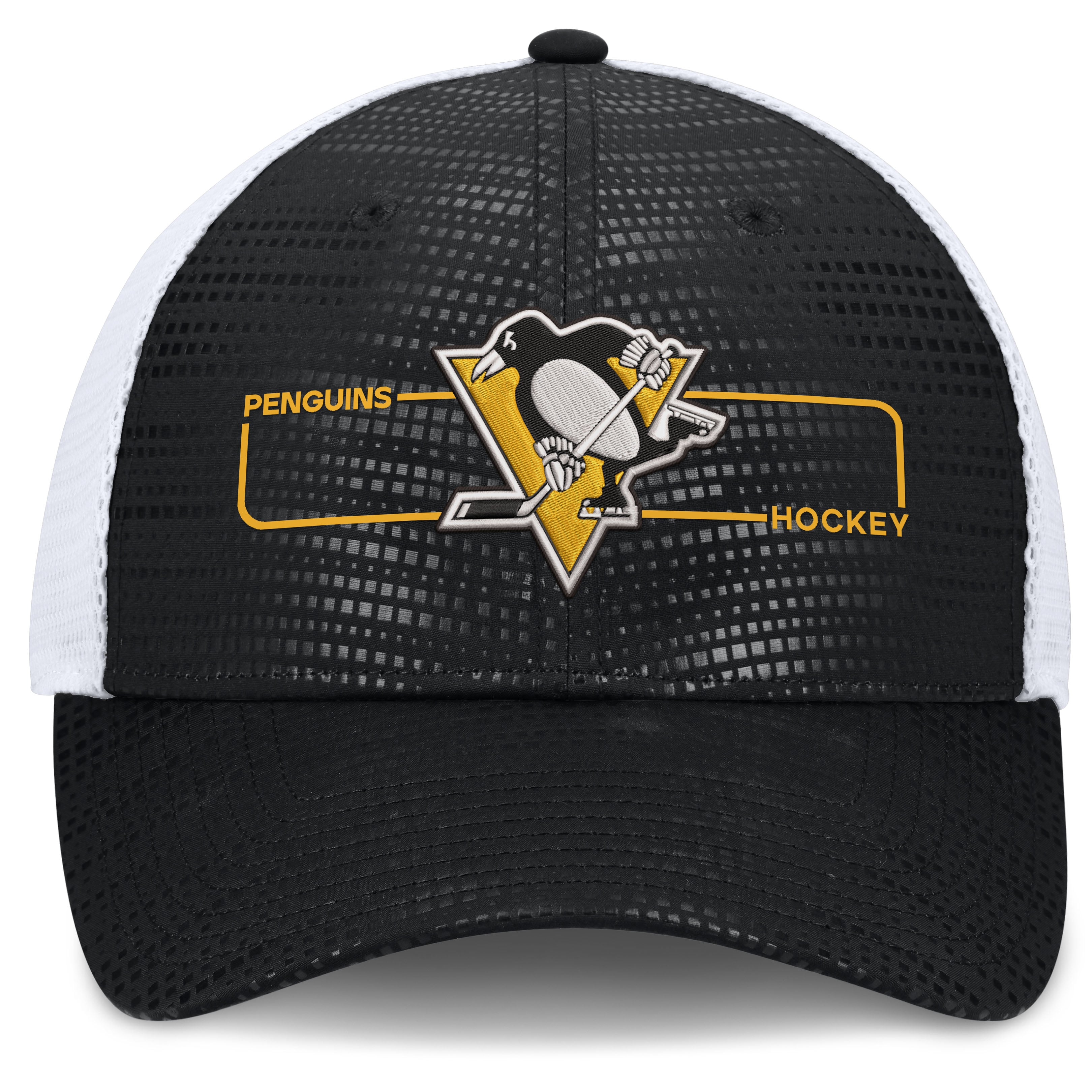 Men's Fanatics Black Pittsburgh Penguins Authentic Pro Rink Boxed Logo Trucker Hat